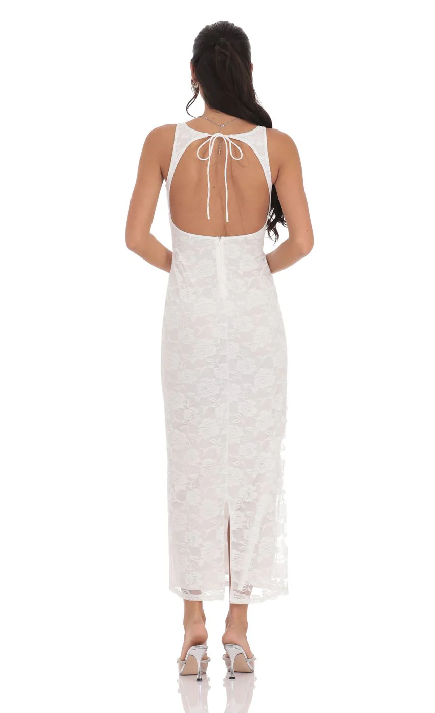 Lace Open Back Bodycon Maxi Dress in White - luluinthesky