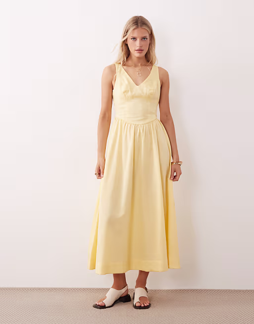 waisted v neck maxi dress with seaming details in butter yellow