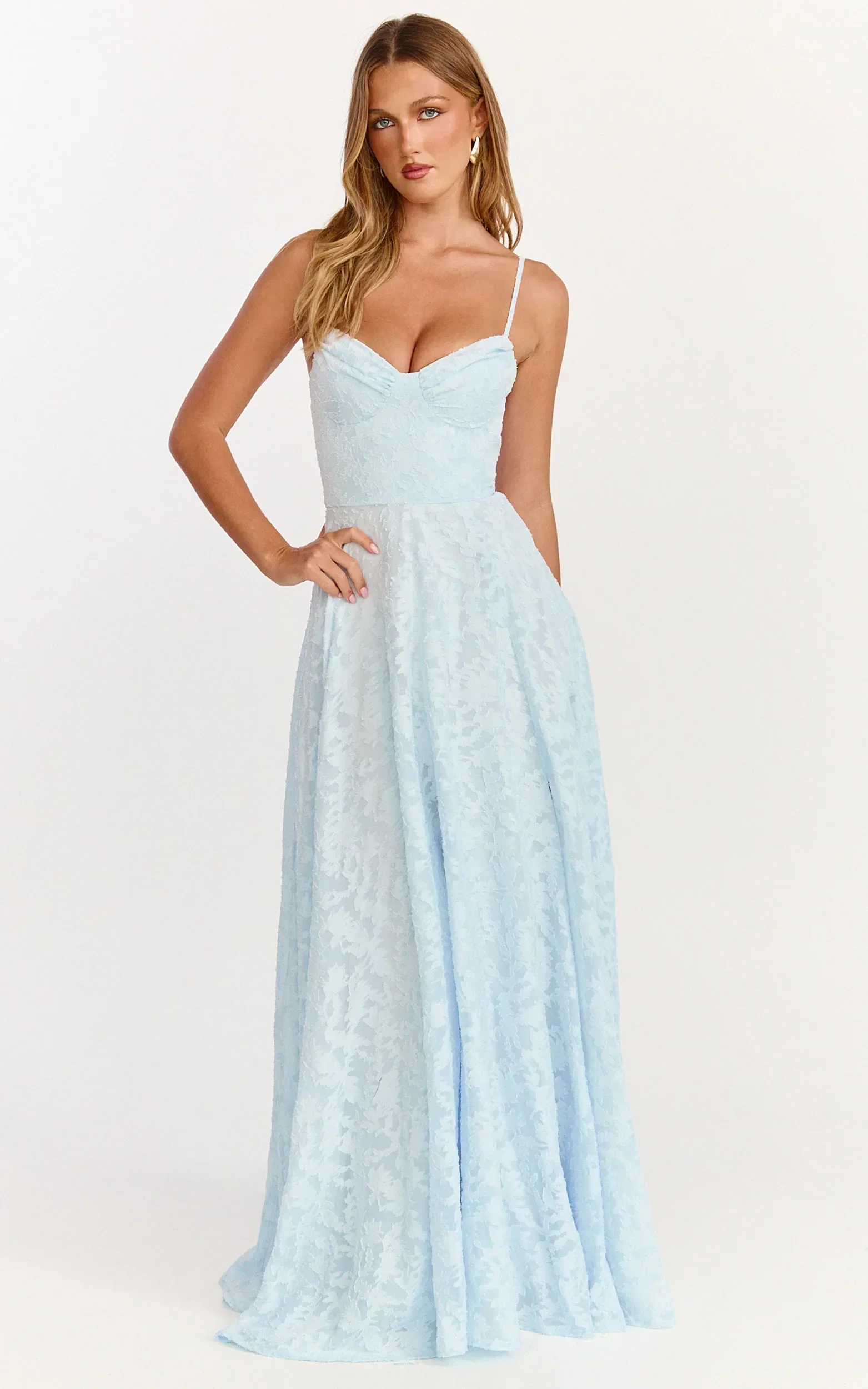 Rachel Maxi Dress - Sweetheart Neckline Jacquard Front Split Dress in Ice Blue - luluinthesky