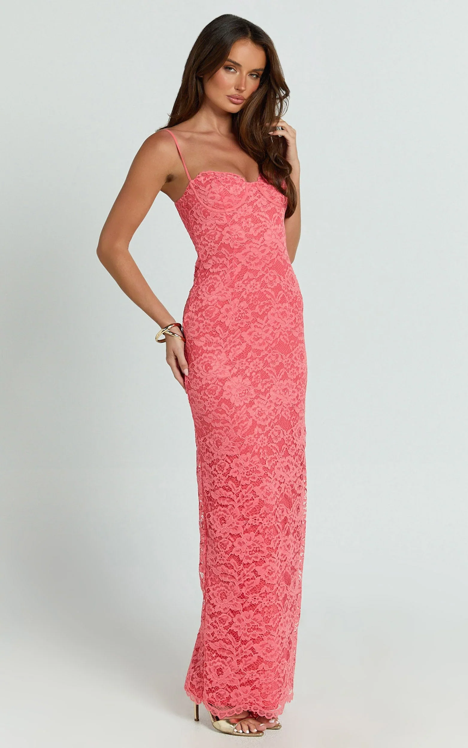 Carli Maxi Dress - Adjustable Strap Corset Bodycon Lace Dress in Watermelon - luluinthesky