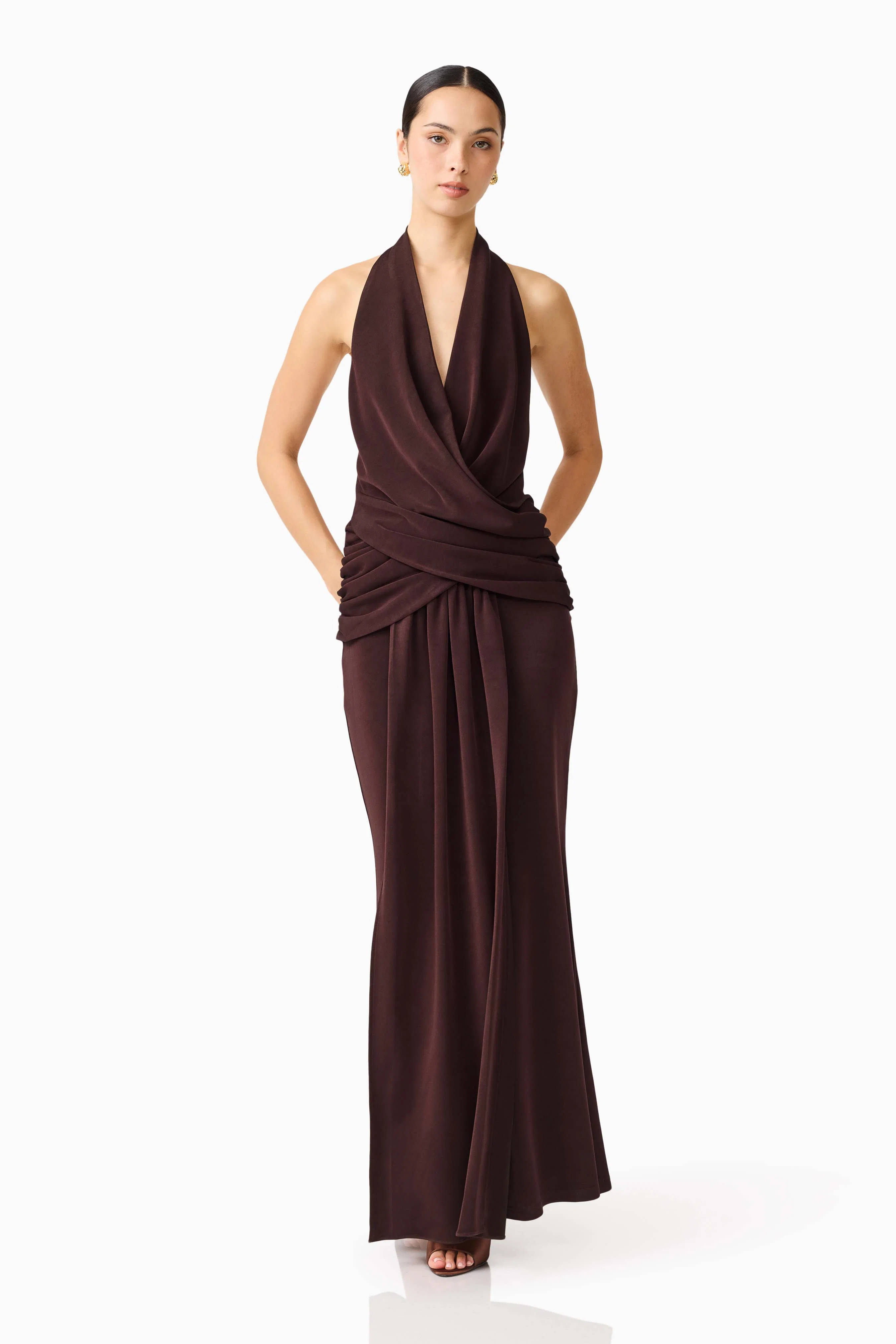 Simone Cowl Neck Gown in Chocolate Brown