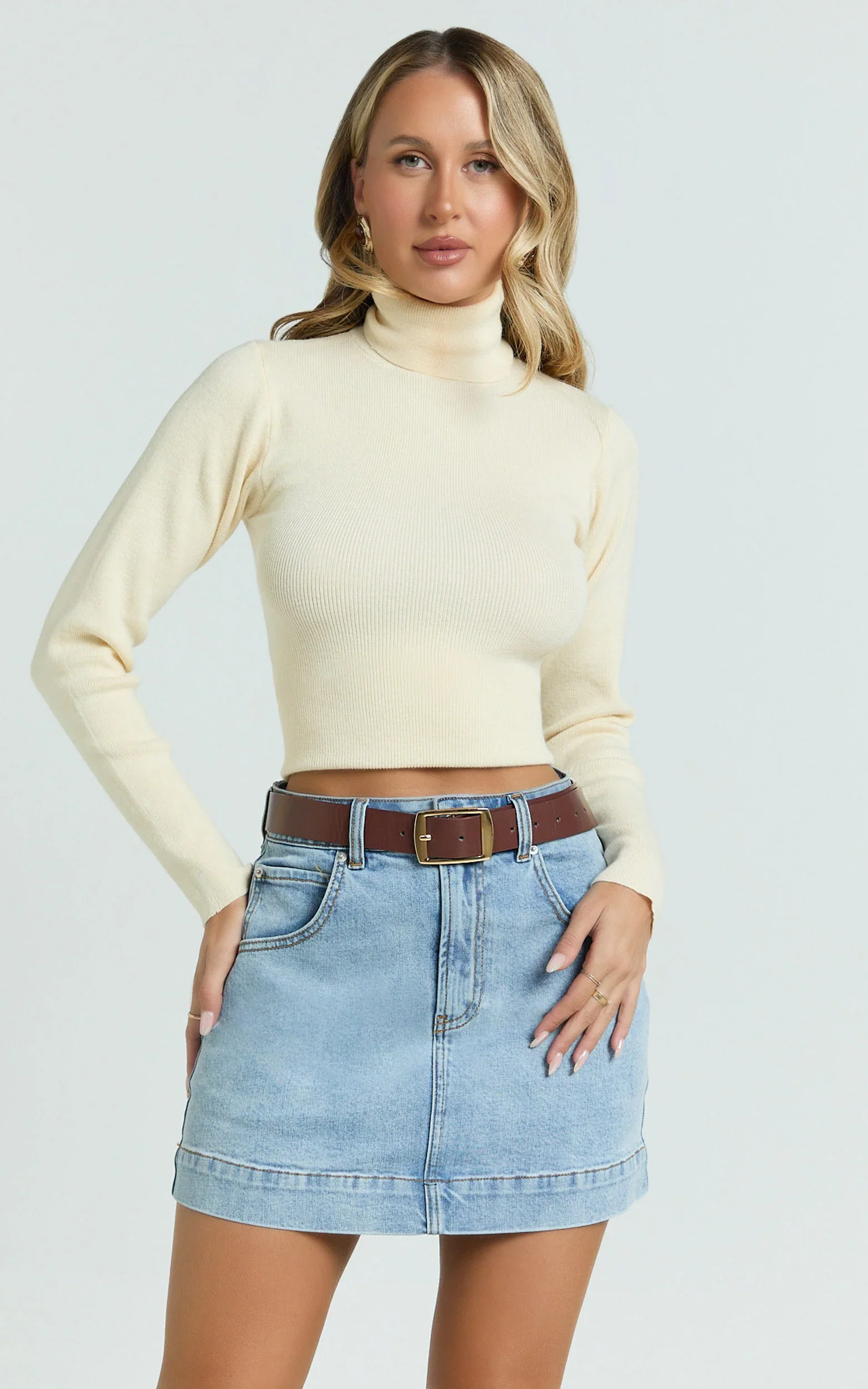 Natalie Top - Long Sleeve Roll Neck Knitted Top in Cream
