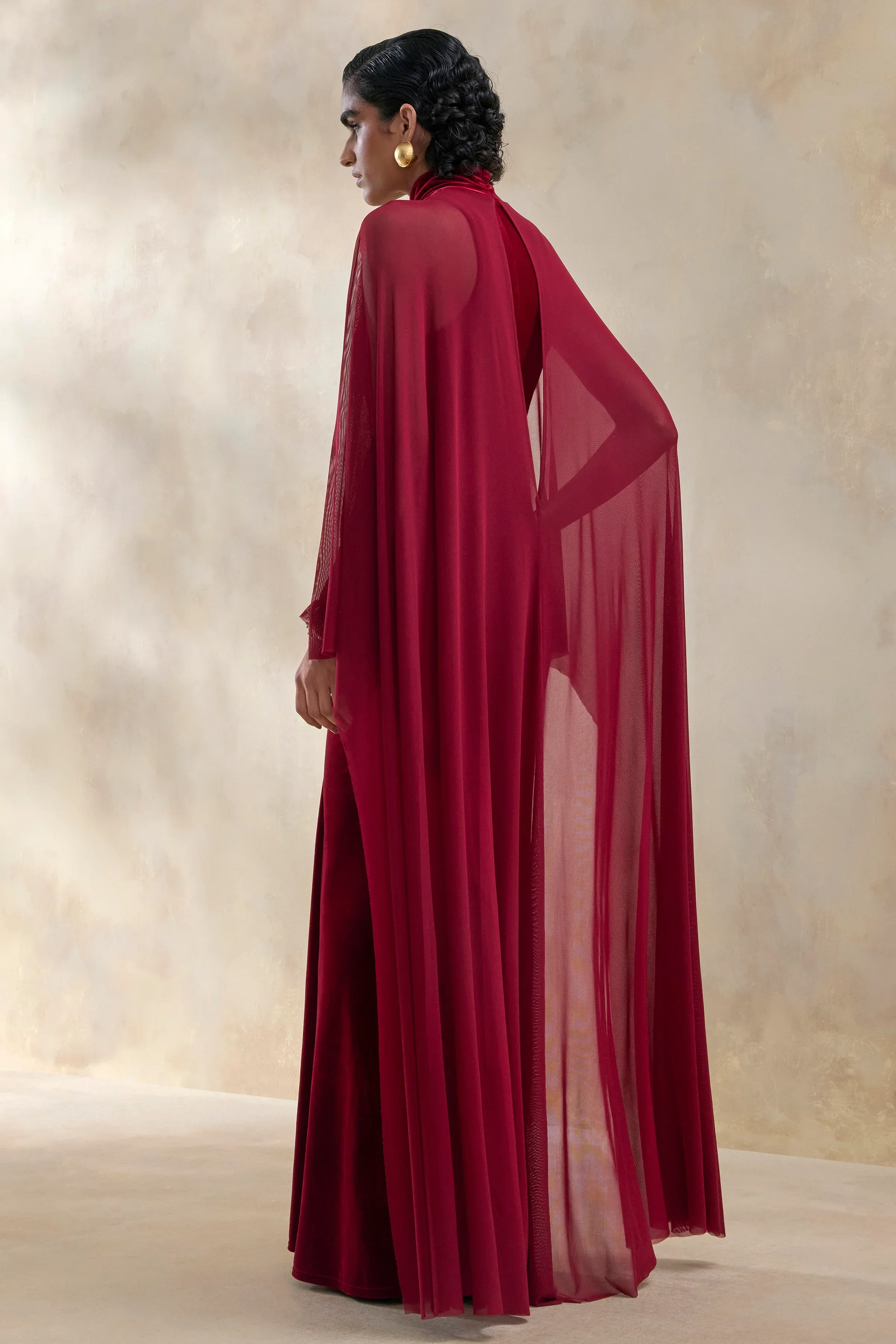 Adoring | Burgundy Velvet High-Neck Maxi Dress With Cape