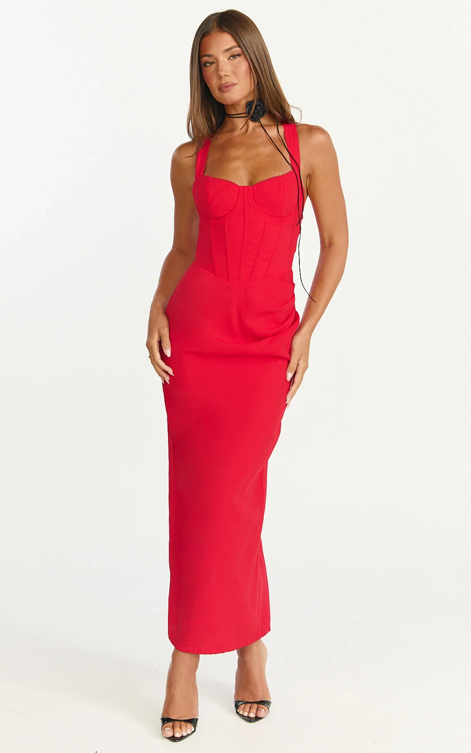 Lila Midi Dress - V Neck Corset Top Bodycon Dress in Red