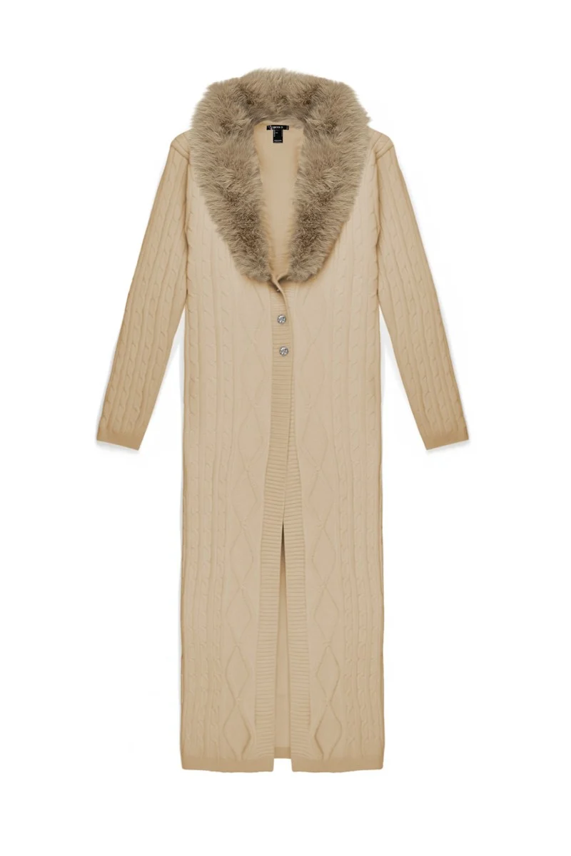 Faux Fur-Collar Cable Knit Longline Cardigan