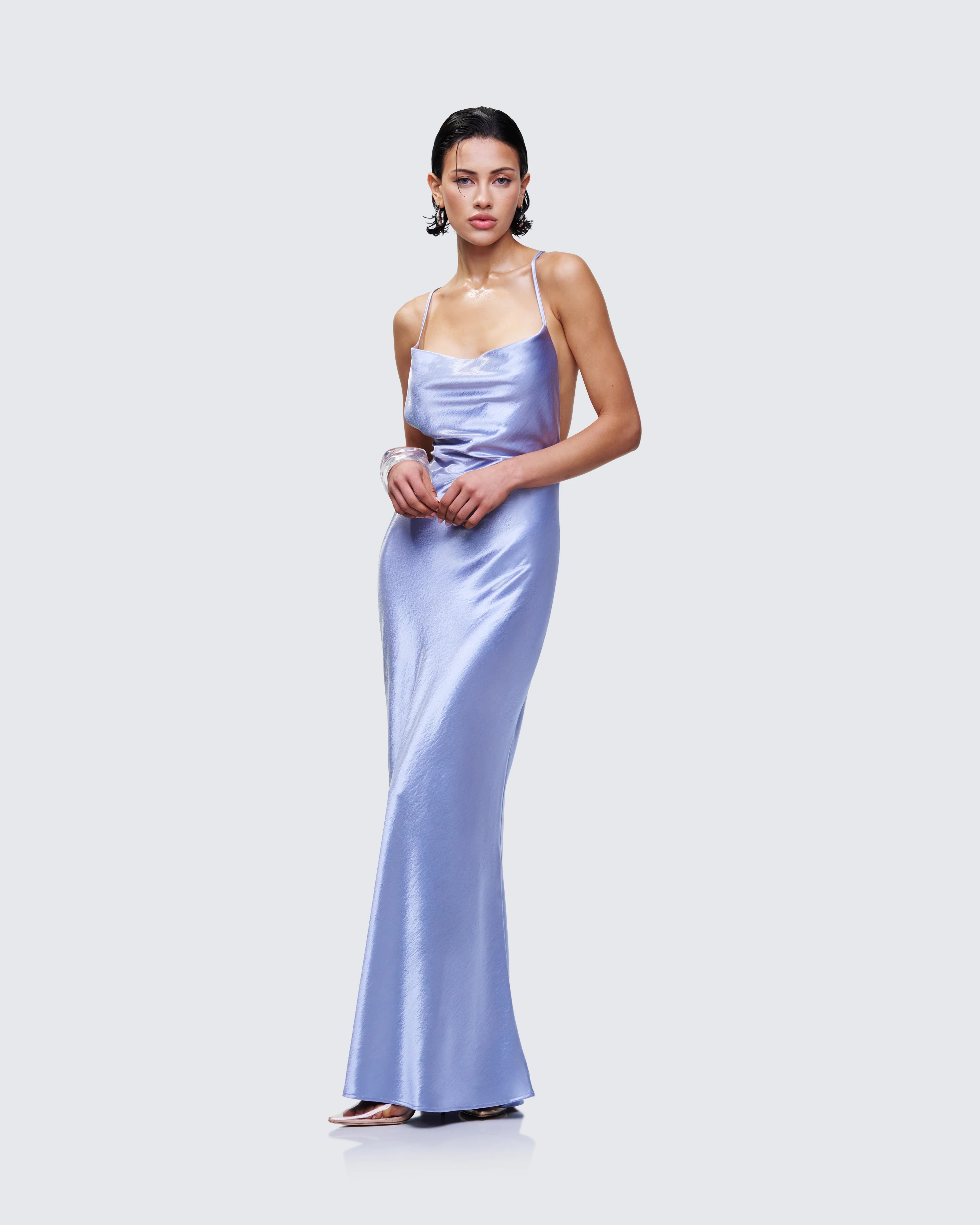 Elspeth Blue Satin Bias Slip Maxi Dress