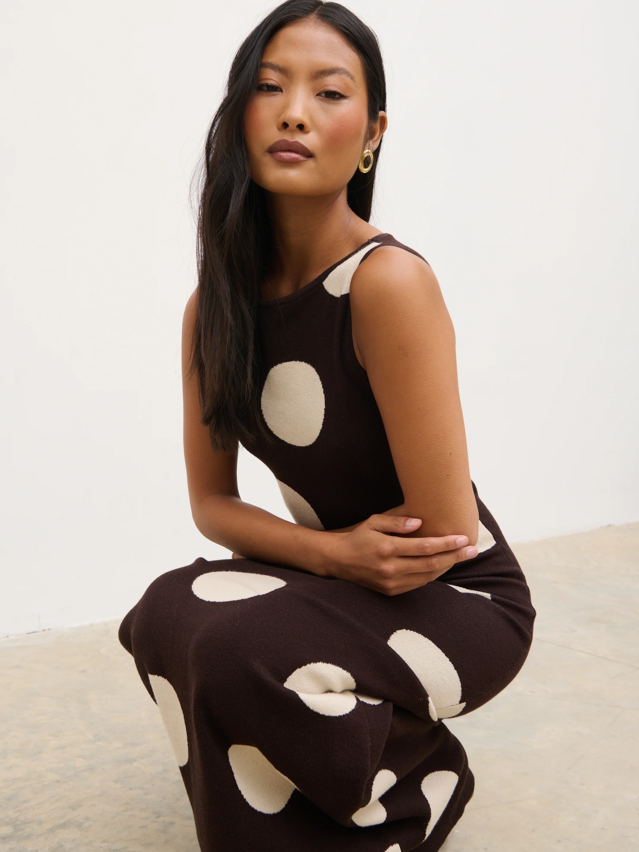 Sarover Polka Dot Maxi Knit Dress - Chocolate and Cream