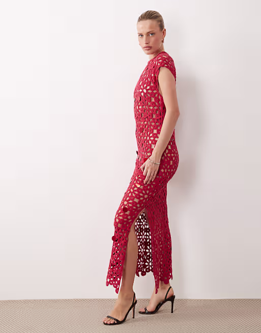 crochet open back maxi dress with sequins in red