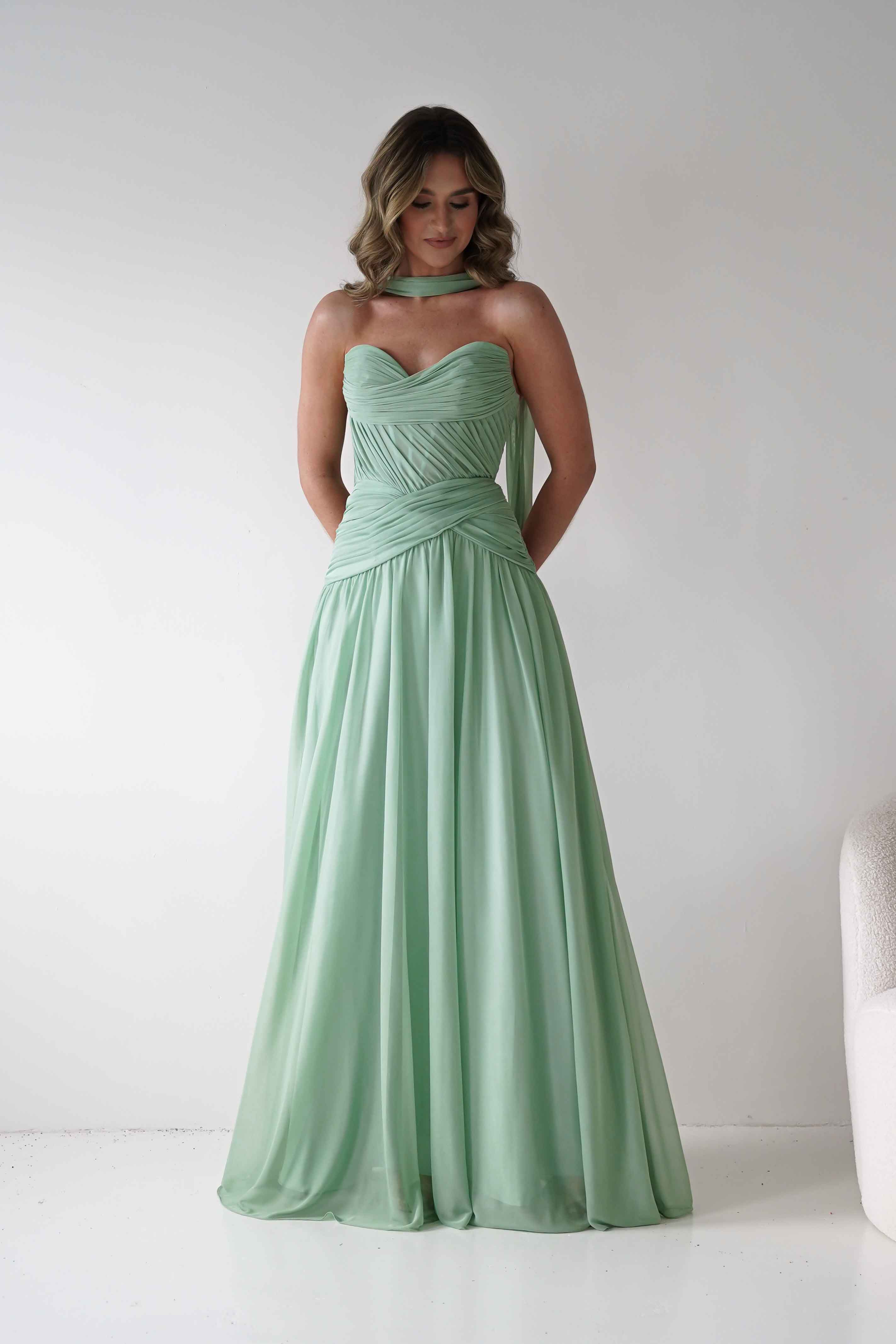 Nicolette Strapless Chiffon Maxi Gown | Sage