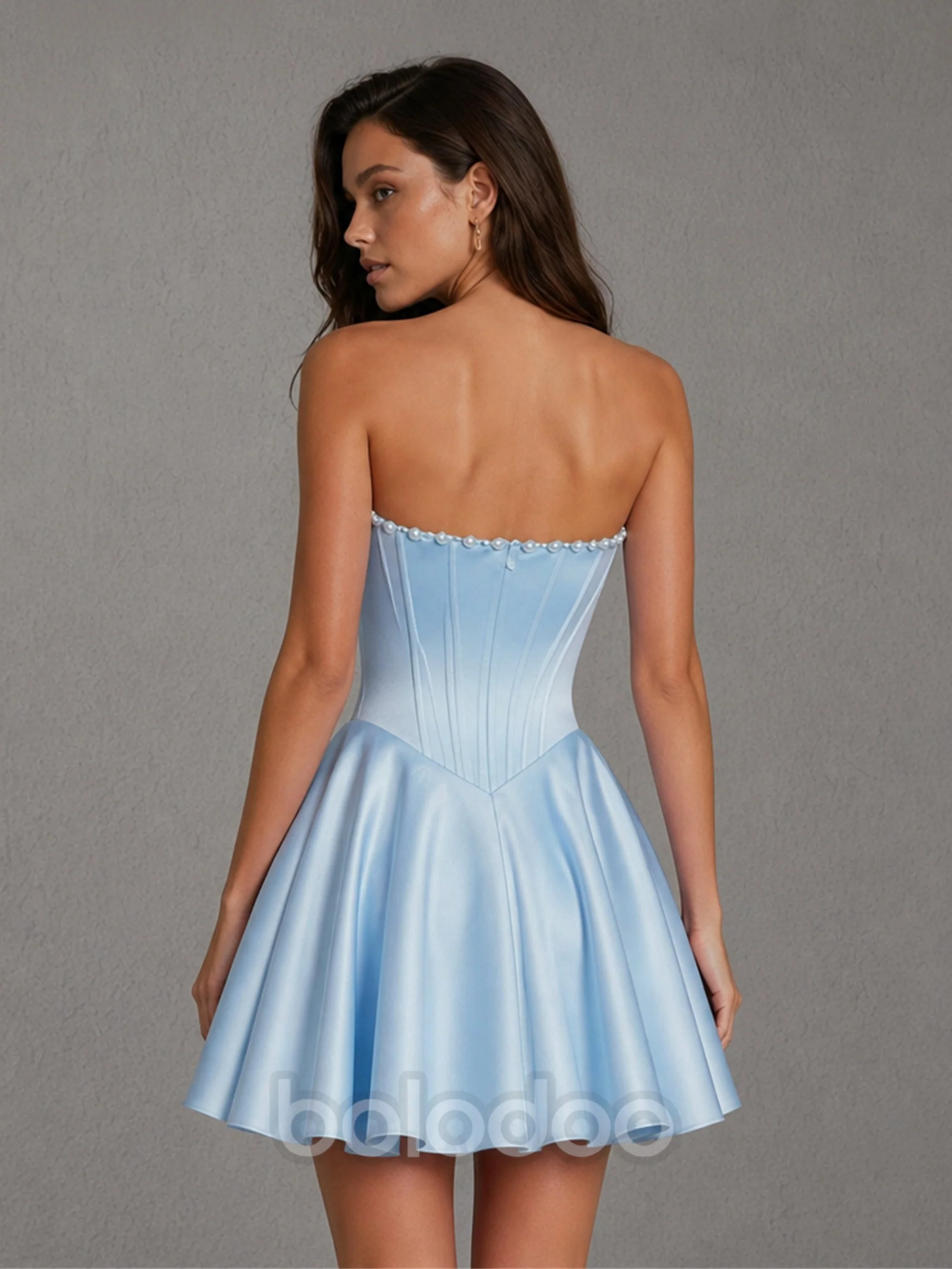 BOLODOO Light Blue Satin Pearl Trim Strapless Corset Mini Dress | Open Back