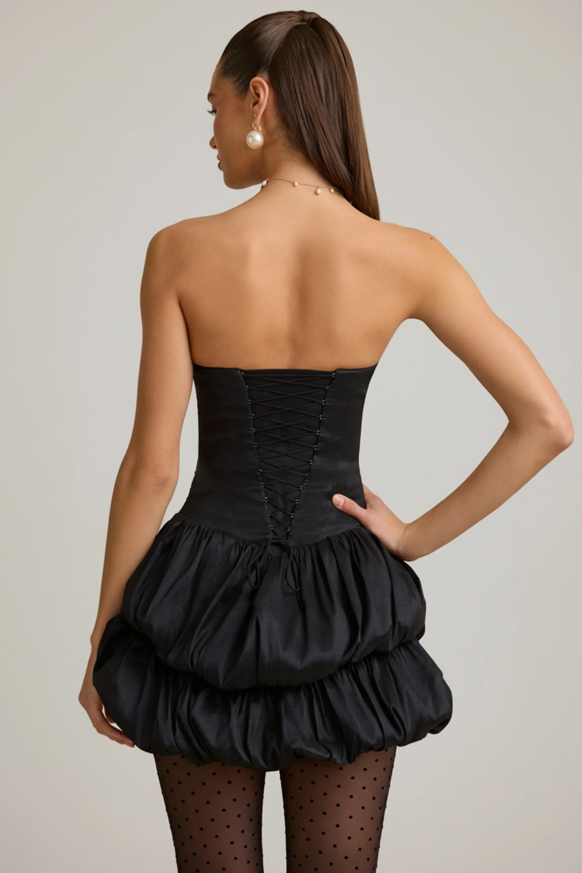 Satin Bubble Hem Corset Mini Dress in Black