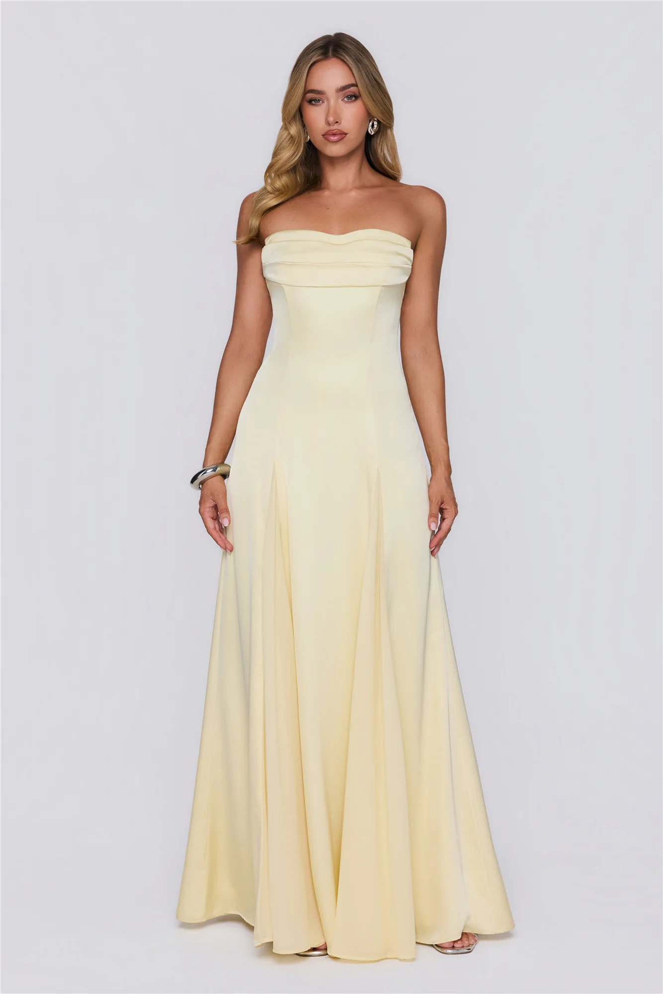 Moment Of Class Strapless Satin Maxi Dress Lemon