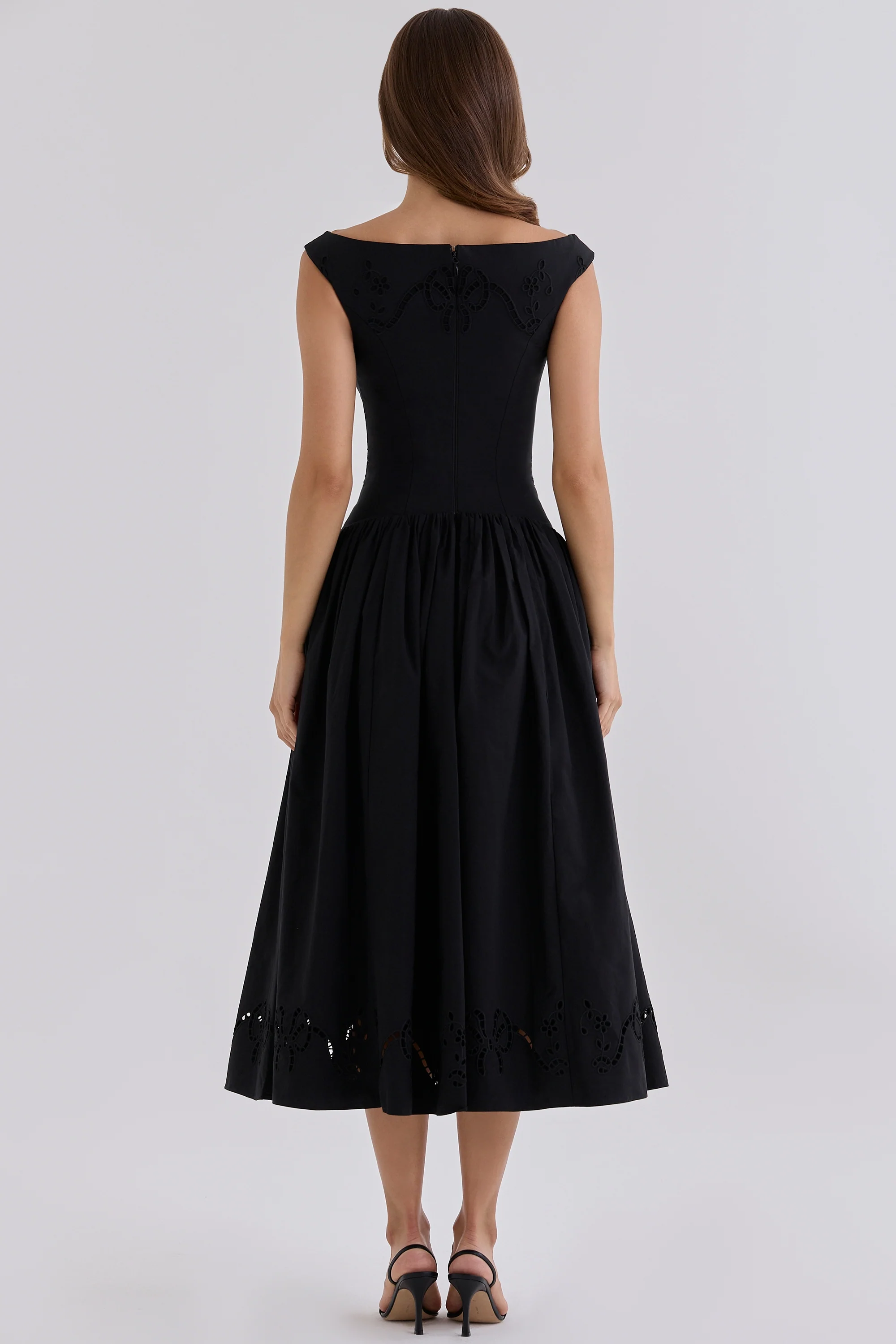 Black Custom Cotton Broderie Anglaise Boat Neck Maxi Dress