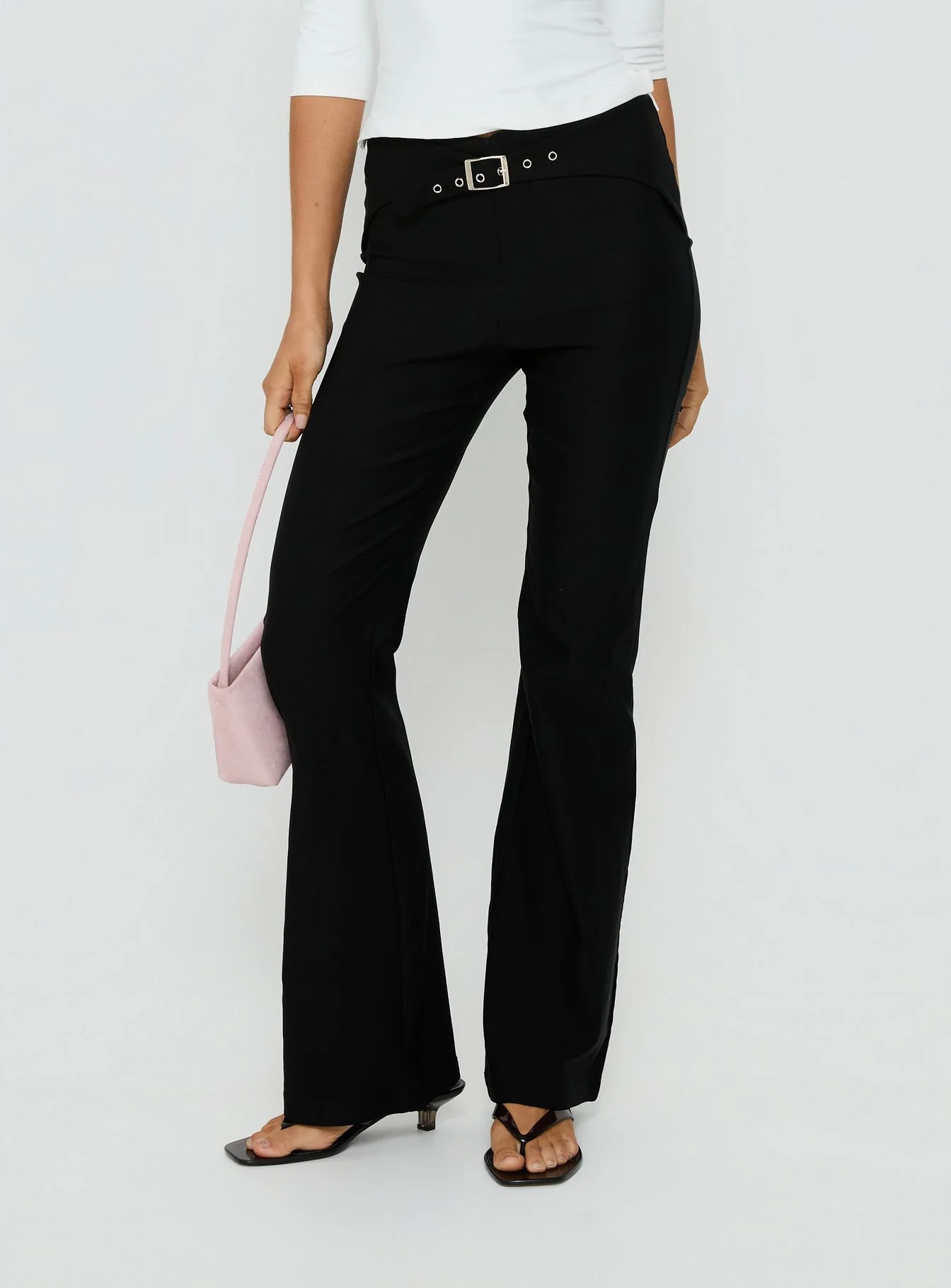 Viridian Belted Flared Pants Black
