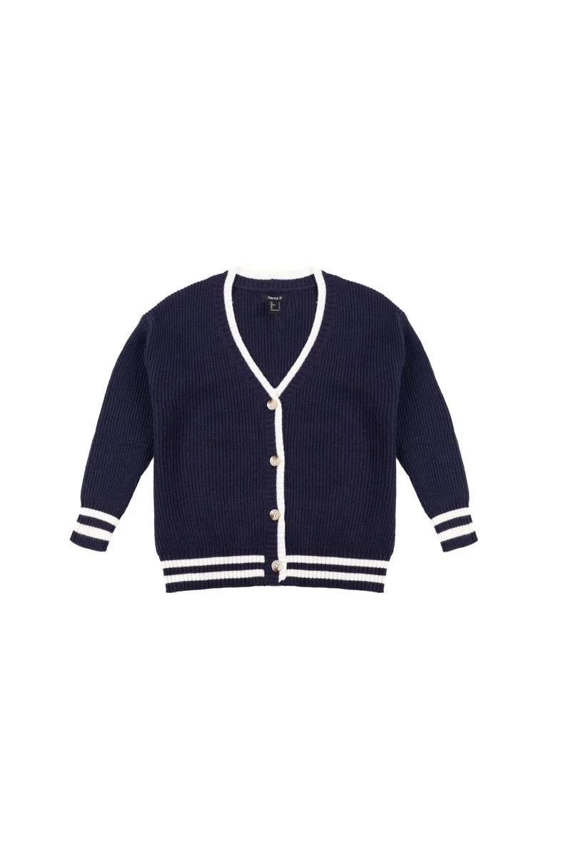 Oversized Contrast-Trim Ribbed Cardigan