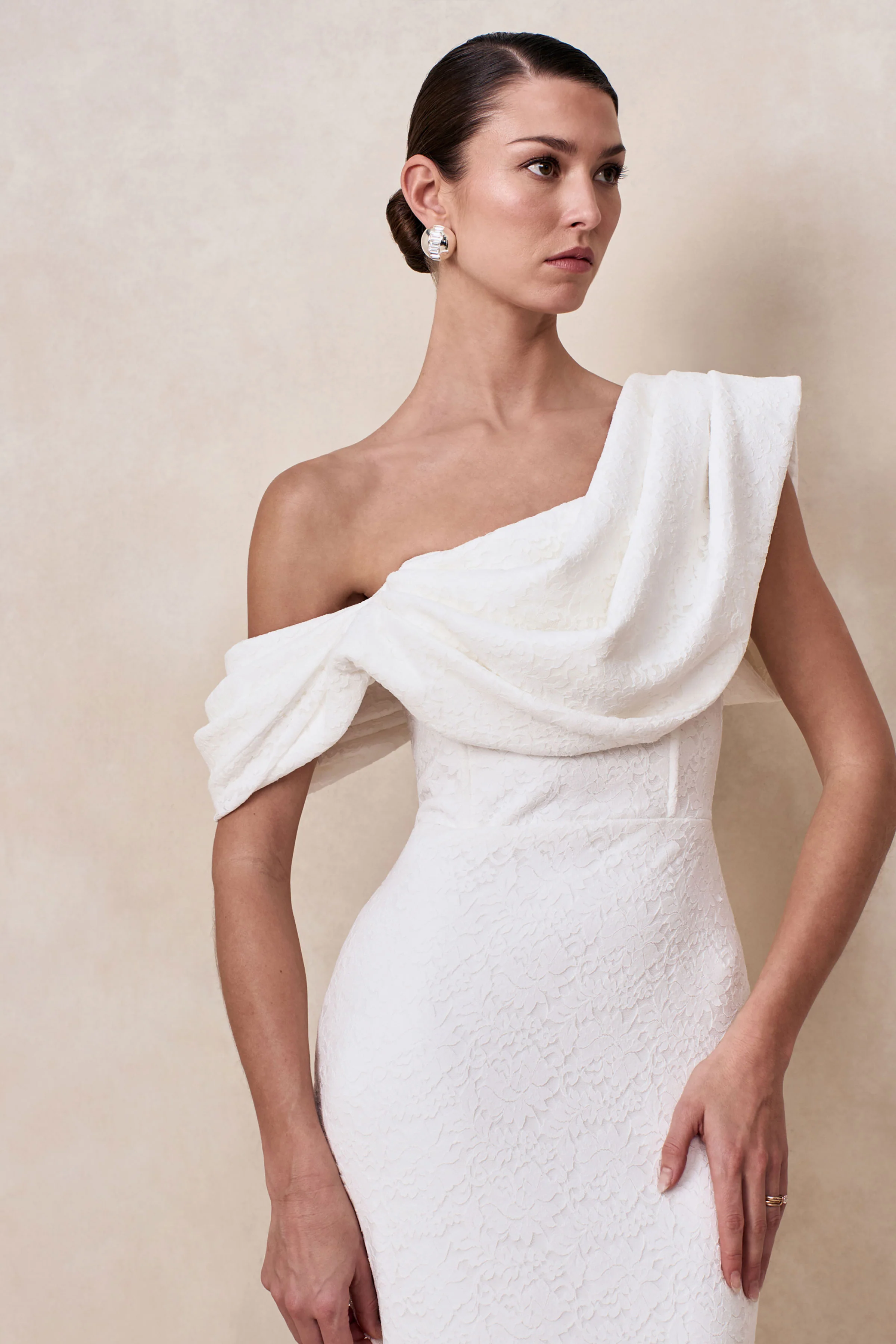 Farvera | White Lace Draped Asymmetric-Neck Midi Dress