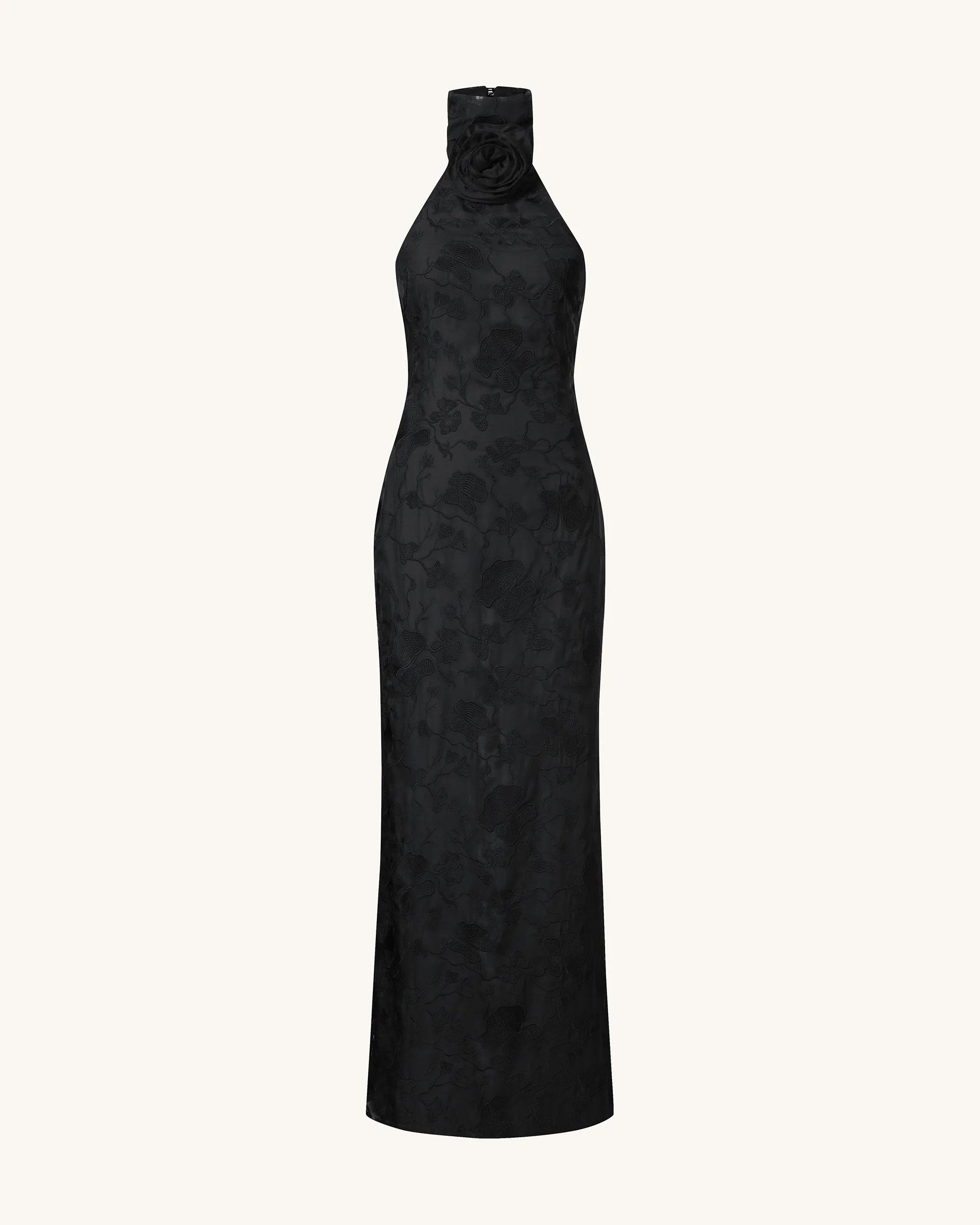 Uliana Black Floral Lace Halterneck Maxi Dress - Black - FASHION NOB