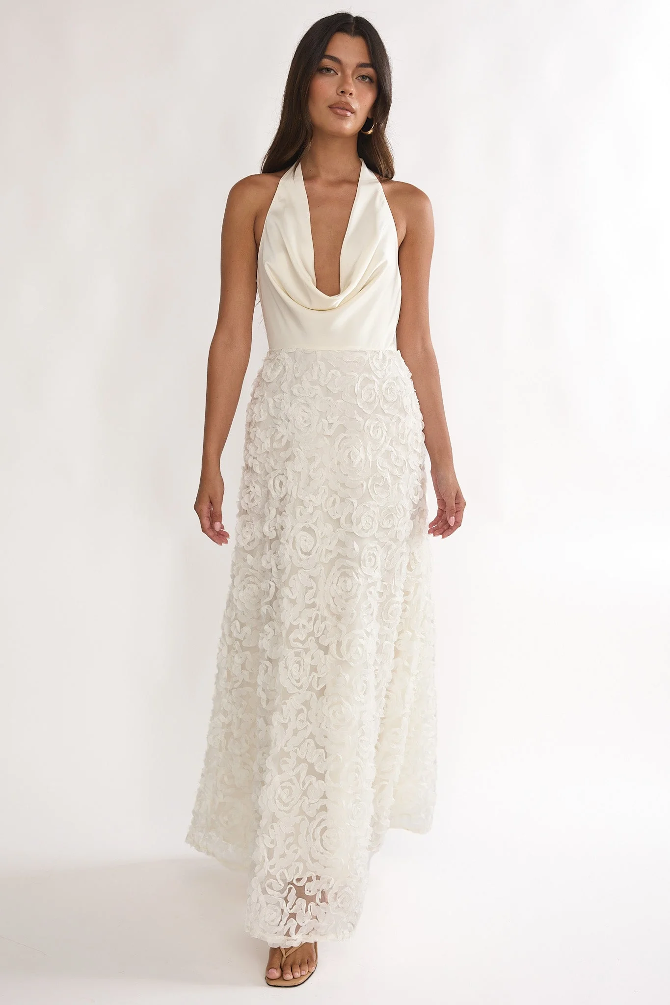 Lucerne Cowl Halter Maxi Dress Embellished Ivory