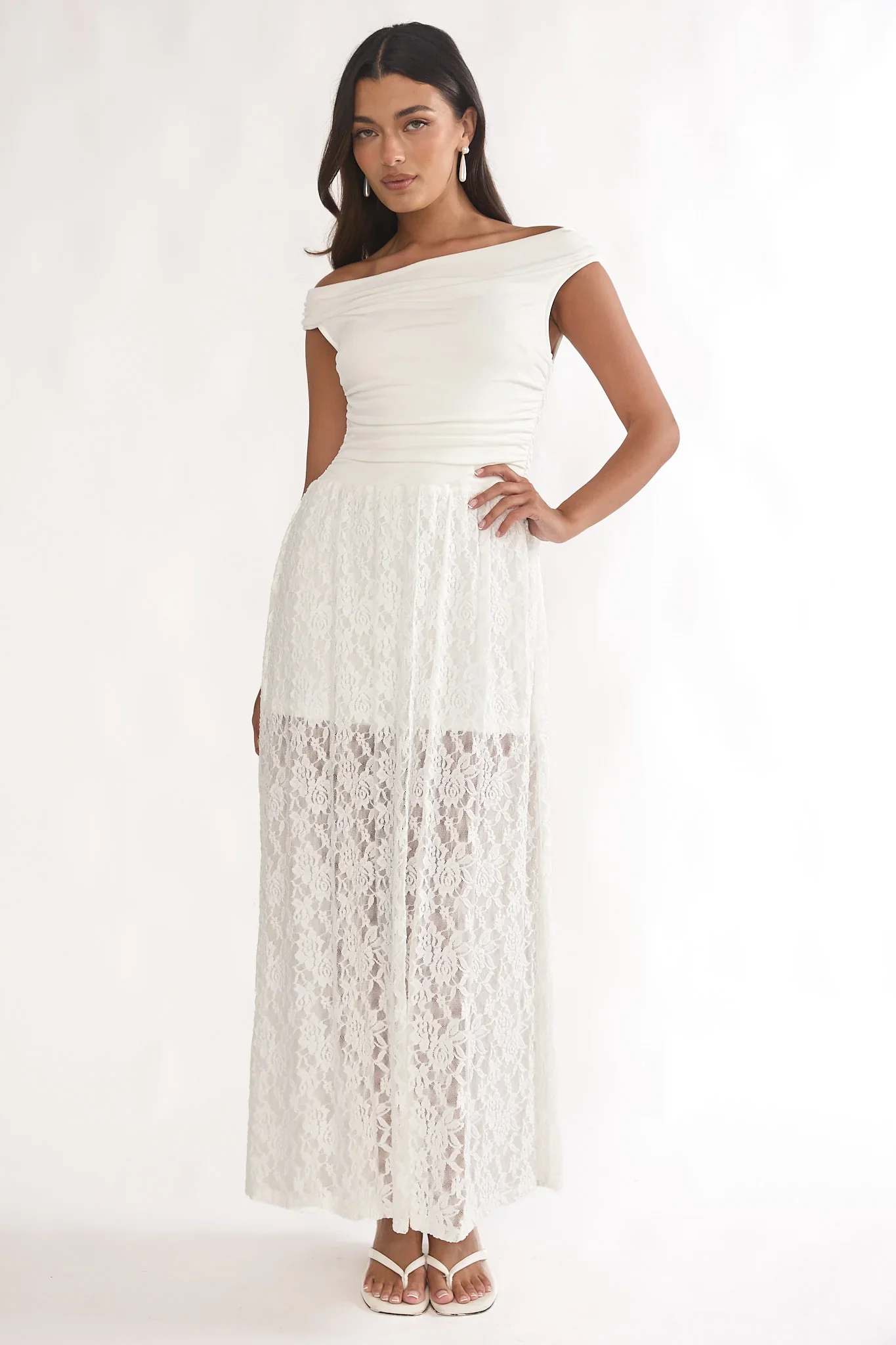 In Blooms Off-Shoulder Lace Maxi Dress White