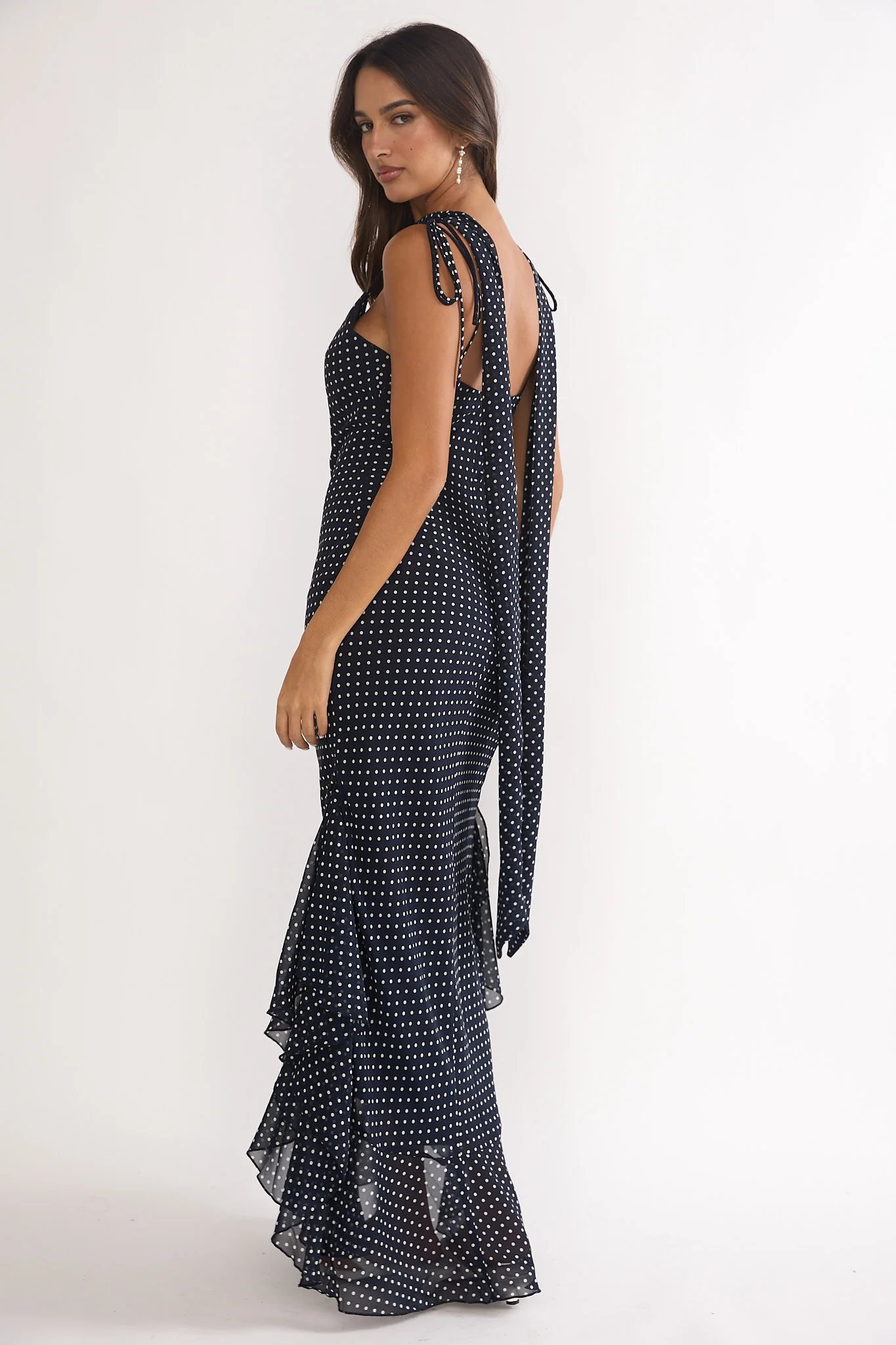 Emmara Tied Shoulder Maxi Dress Polka Dot Navy