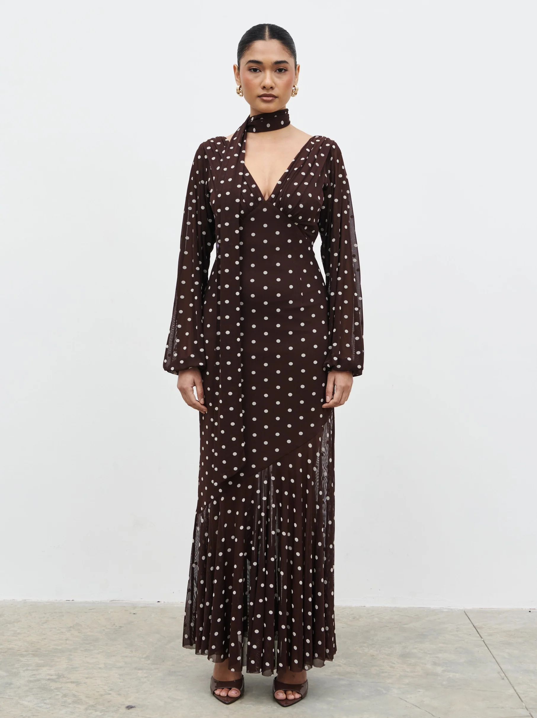 Petula Scarf Mesh Maxi Dress - Brown and Cream Polkadot