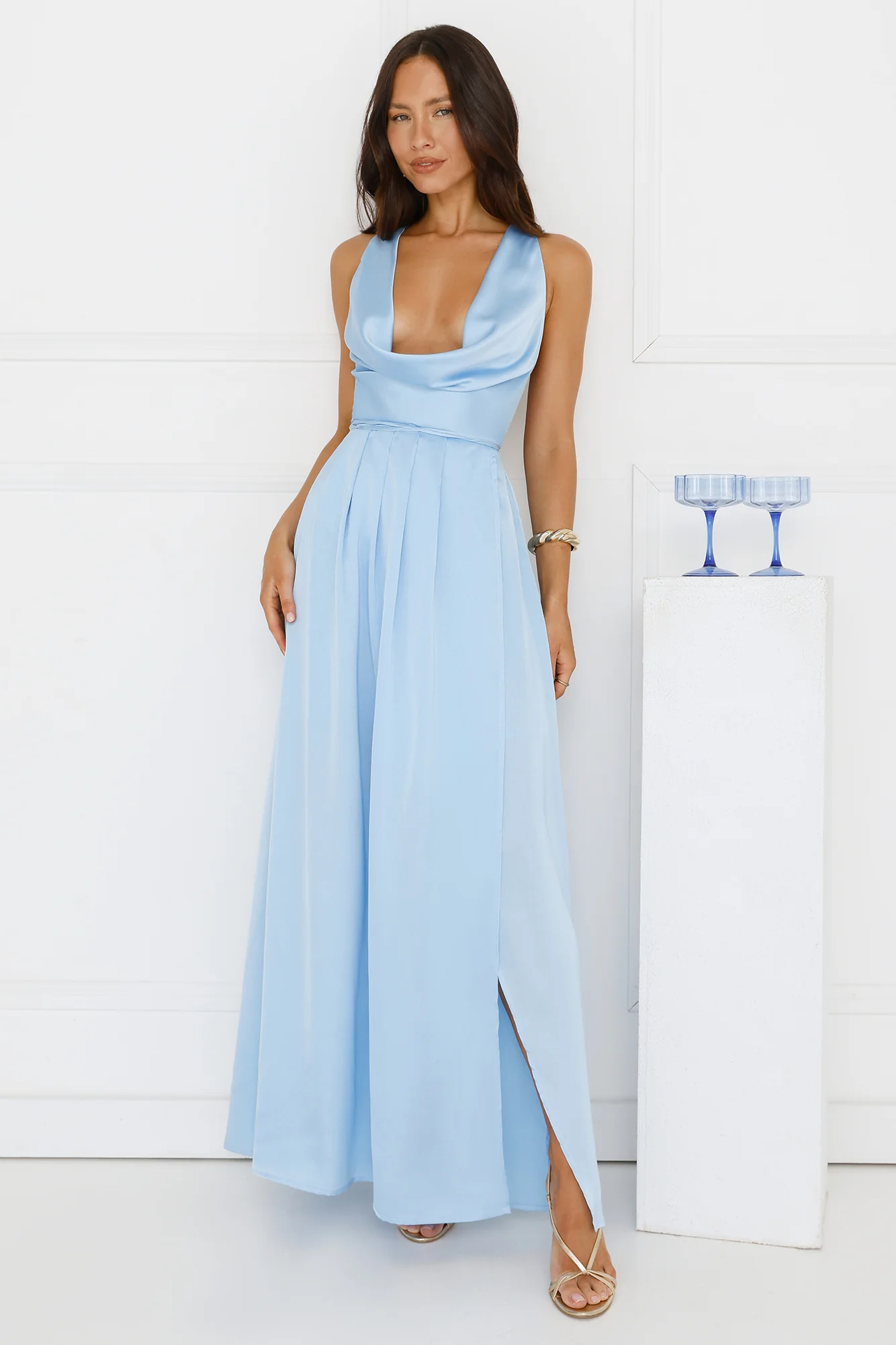 Lush Whispers Satin Maxi Dress Blue