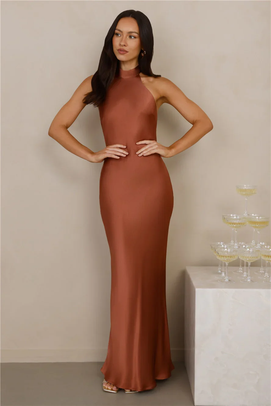 The Cleo Halter Satin Maxi Dress Copper