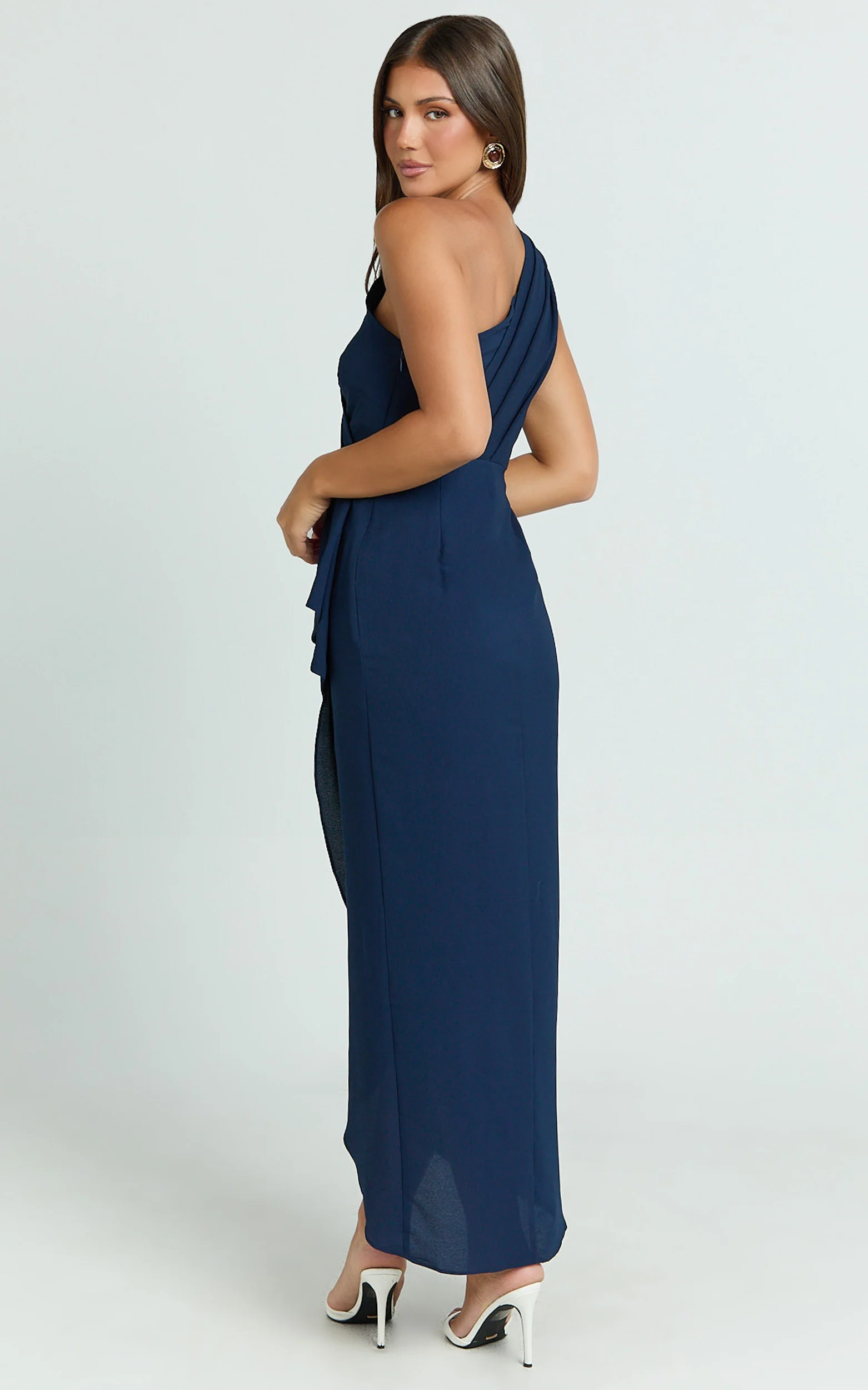 Namaari Midi Dress - Faux Wrap One Shoulder Dress in Navy