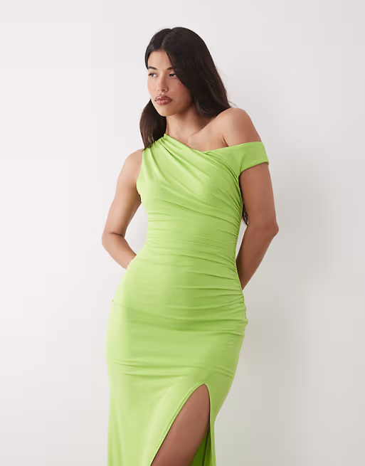 TFNC slinky fallen shoulder thigh slit midaxi dress in bright green