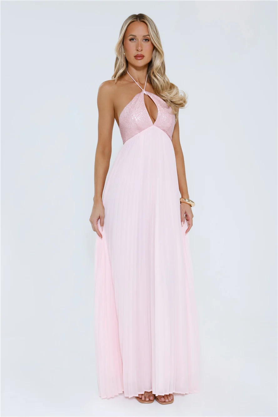 Starlit Ballroom Halter Sequin Maxi Dress Pink