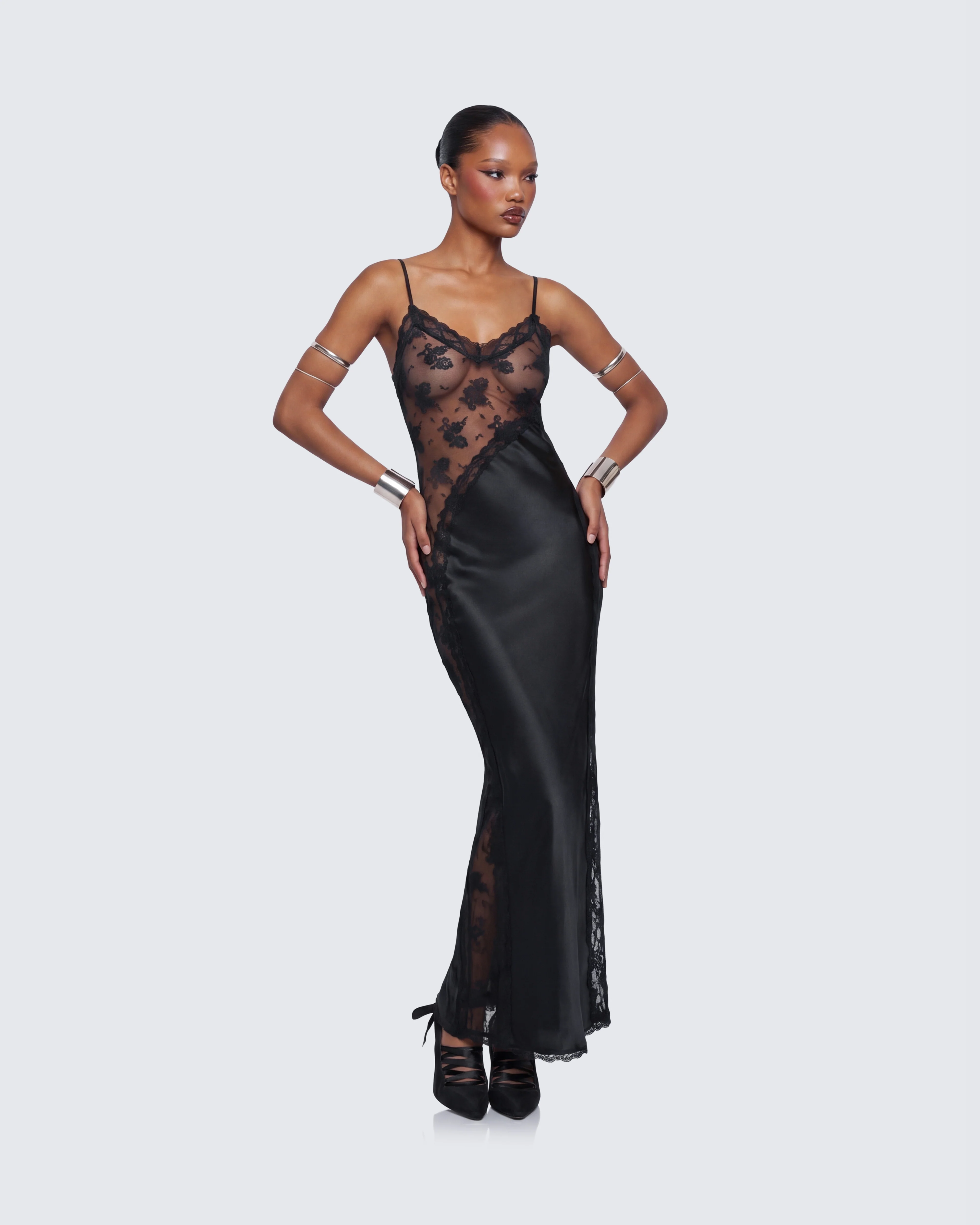 June Black Lace Satin Mix Maxi Dress