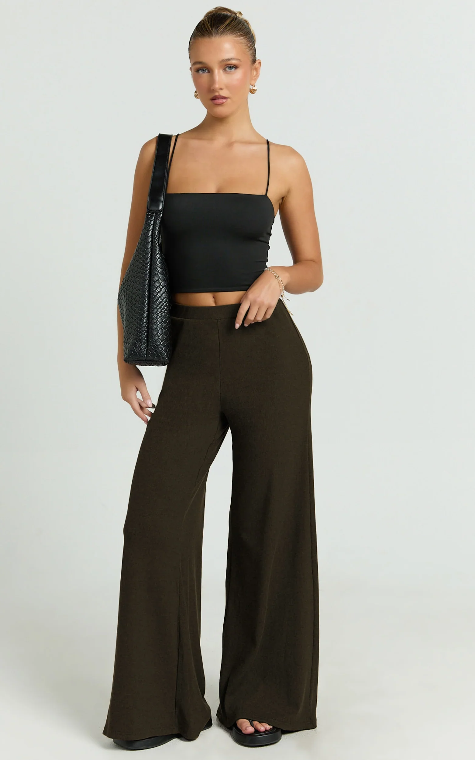 Amalthea Pants - High Waisted Jersey Rib Wide Leg Pants in Chocolate