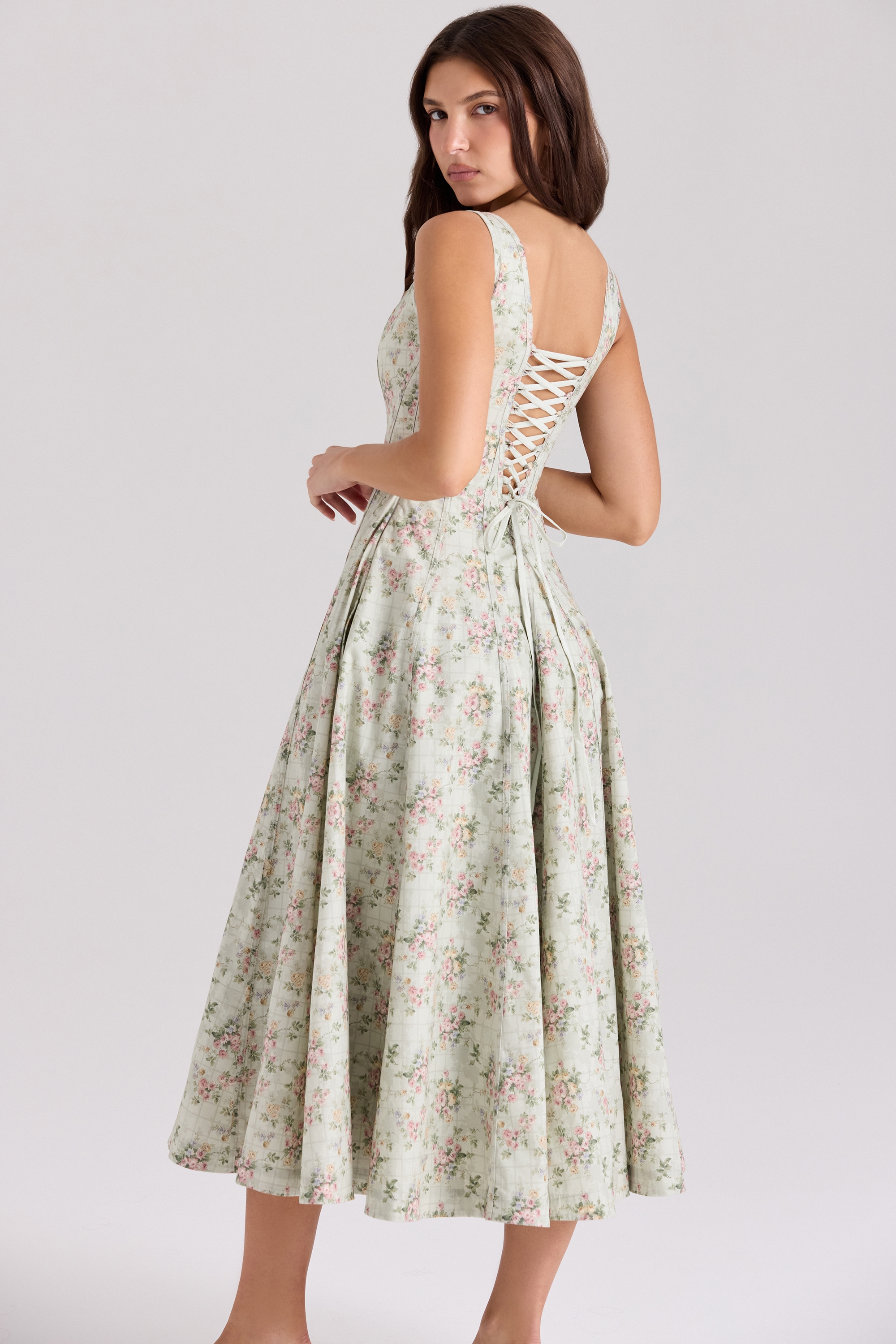 sage floral print cotton midi dress