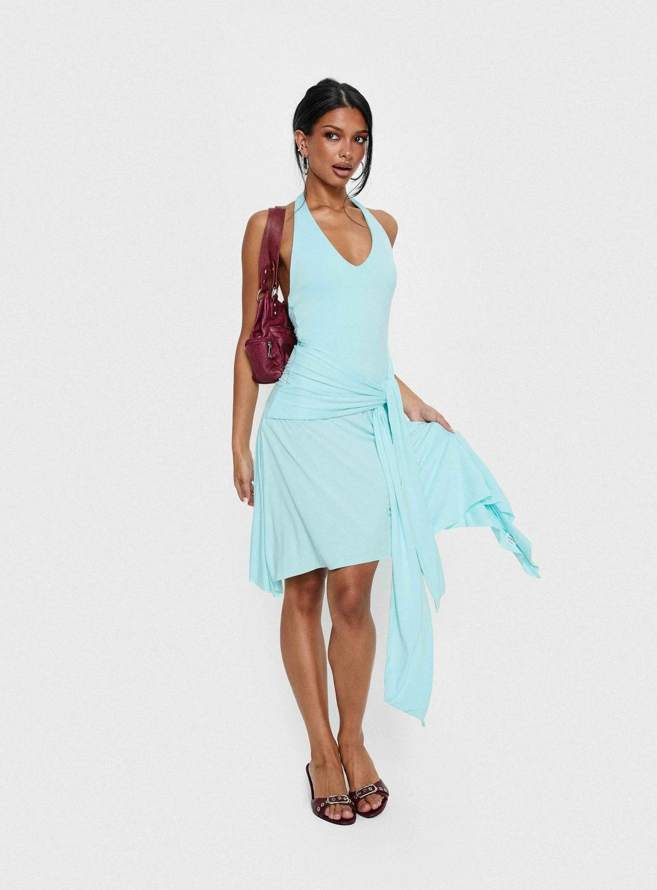 Moonlit Honey Asymmetrical Halter Jersey Midi Dress Turquoise