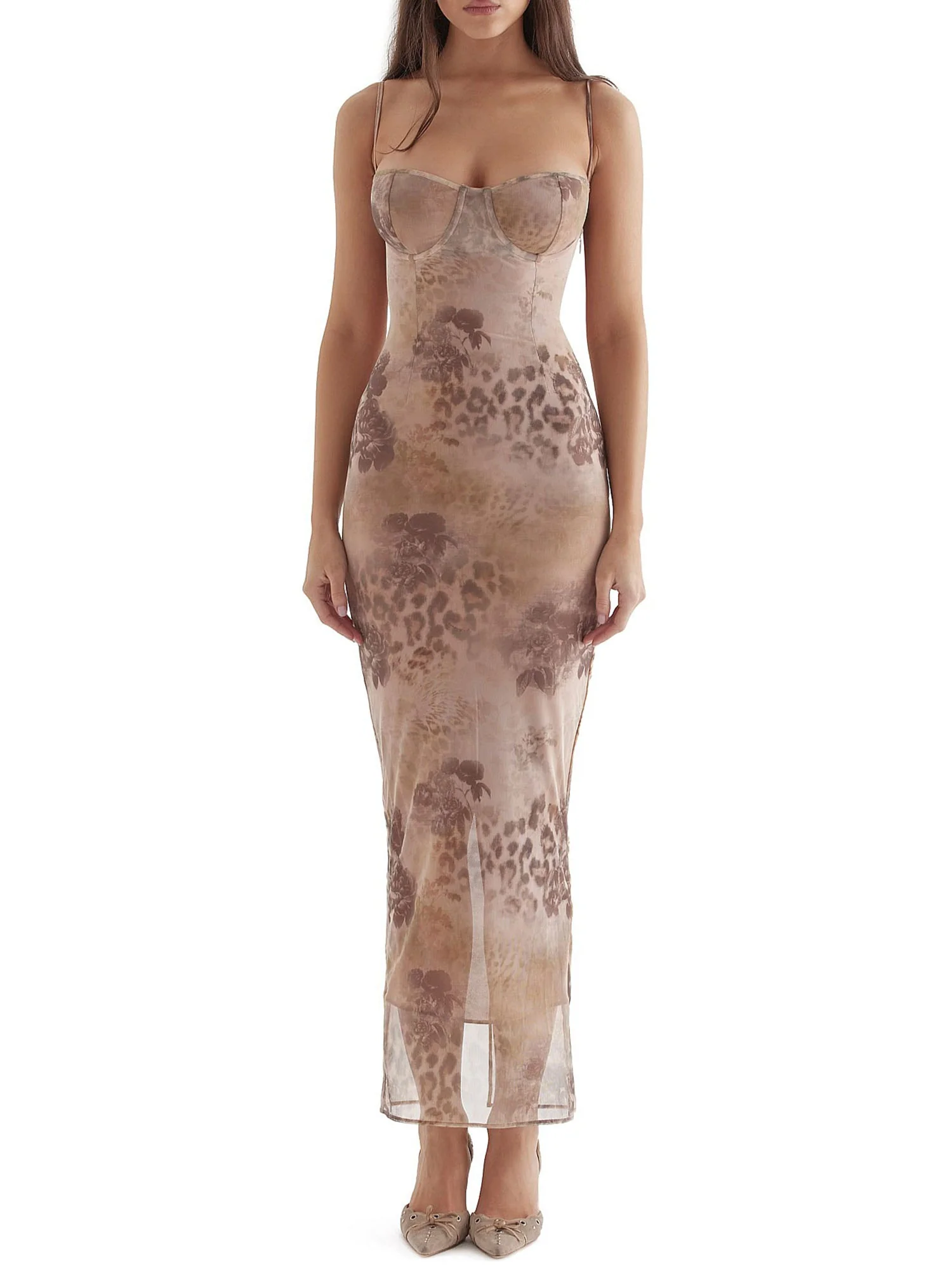 Taupe Sheer Leopard-Print Mesh Maxi Dress