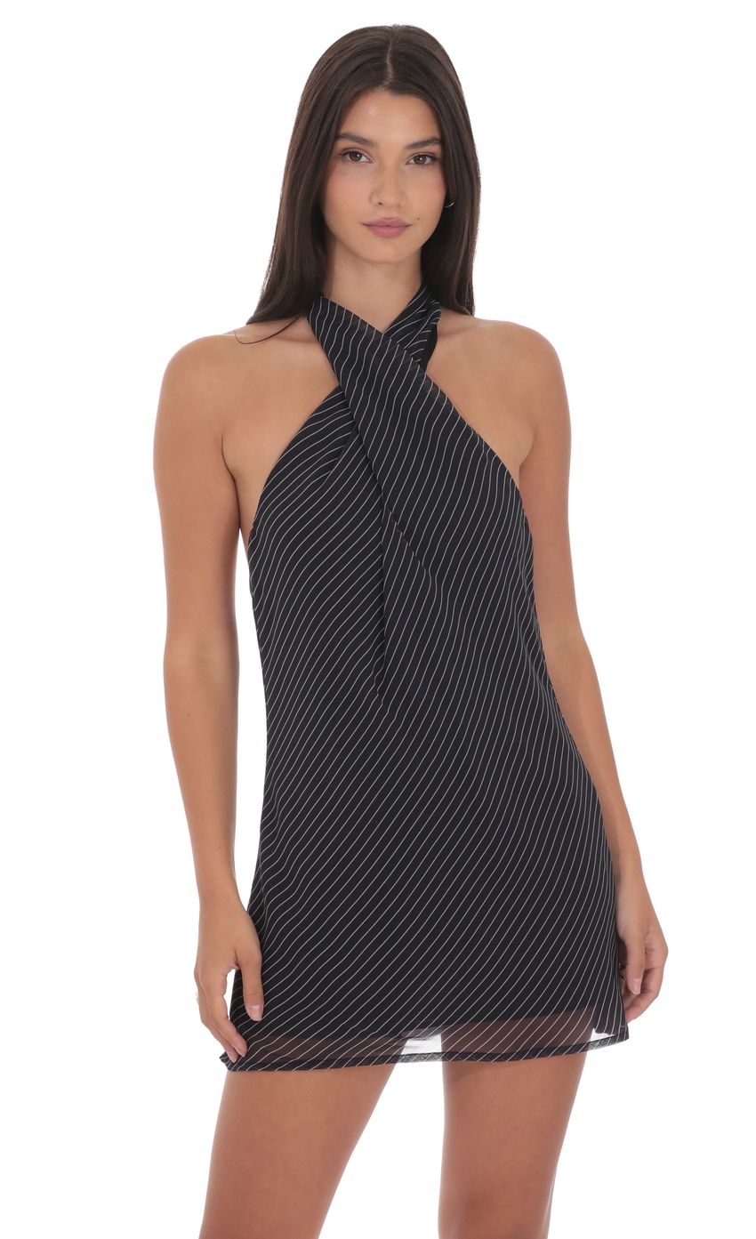 Pinstripe Cross Halter Dress in Black