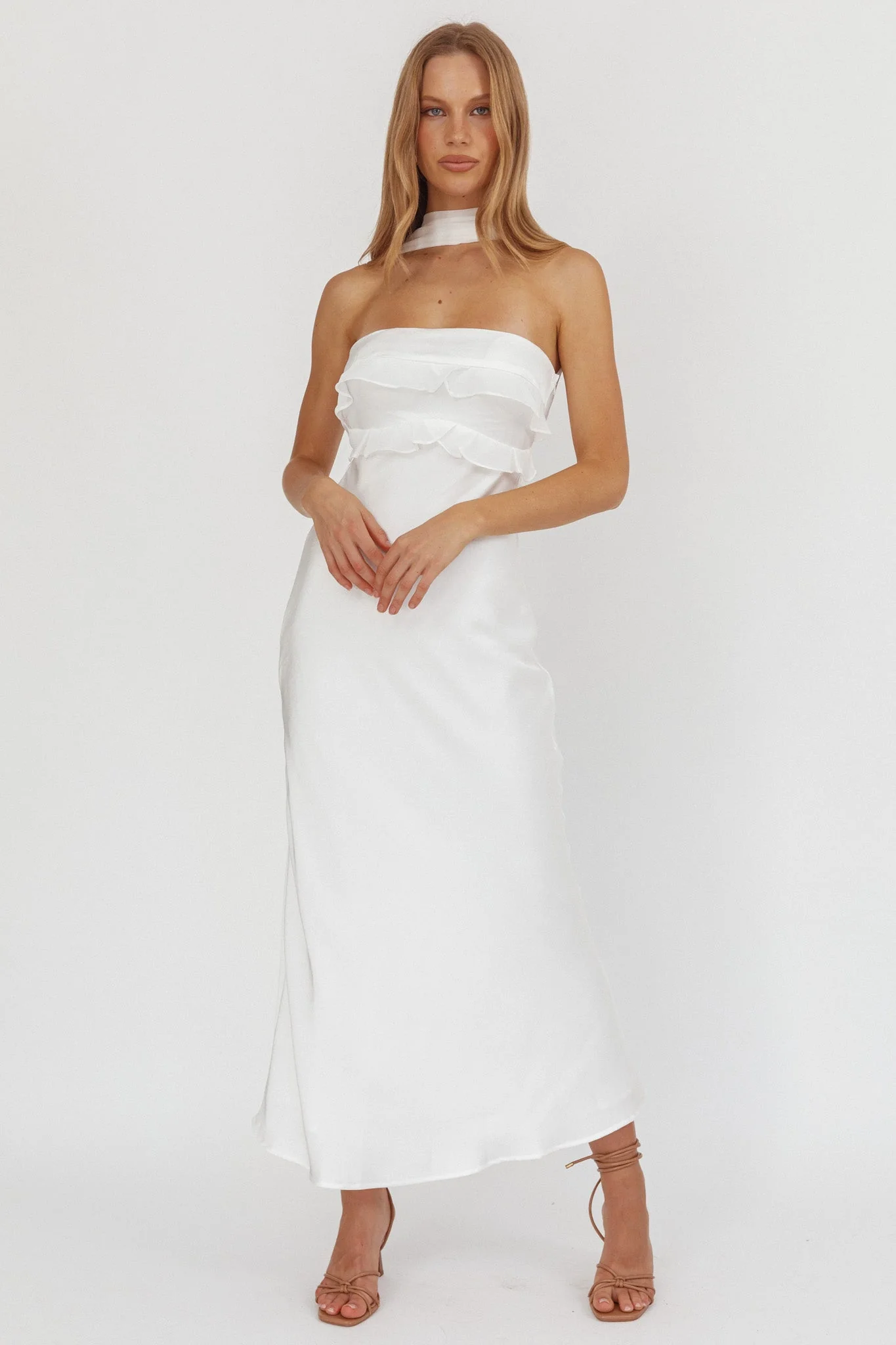Damsel Reverse Halter Frill Trim Maxi Dress White