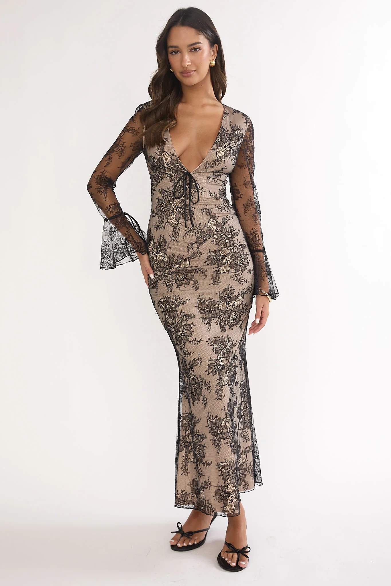 Lysandra Flared Cuff Maxi Dress Lace Black - luluinthesky