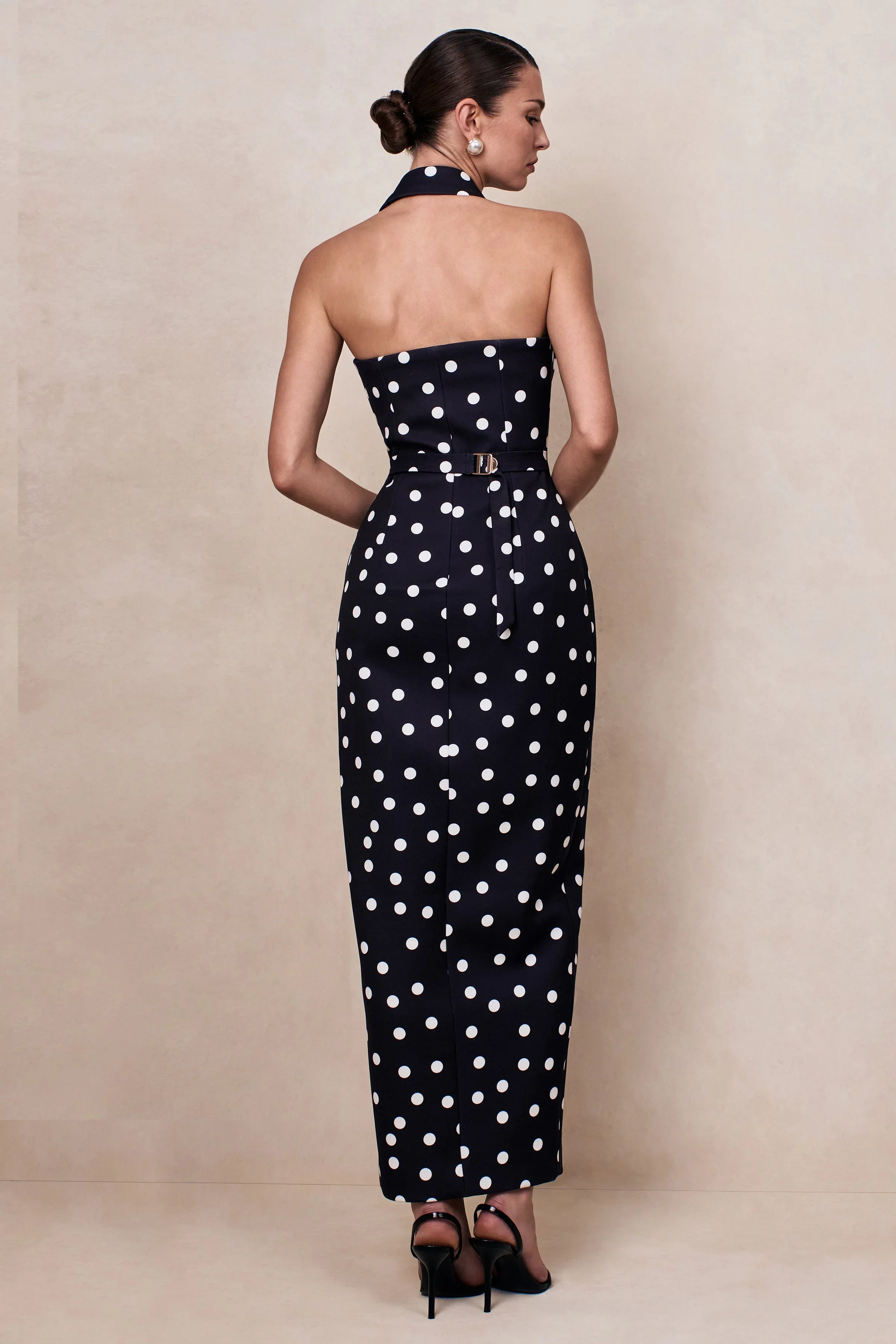 Hana | Black & White Polka Dot Plunge-Neck Tailored Maxi Dress