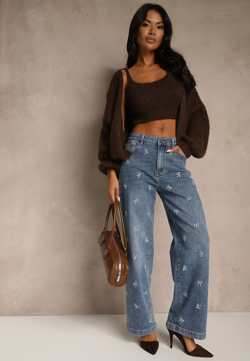 Niebieskie Jeansy Wide Leg High Waist z Haftem w Kształcie Kokardek Salimessa