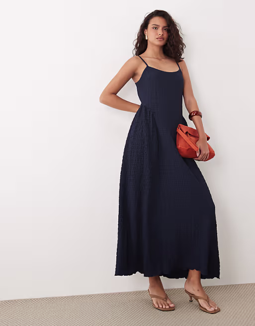 VILA jacquard jersey cami midi dress with waist details in navy
