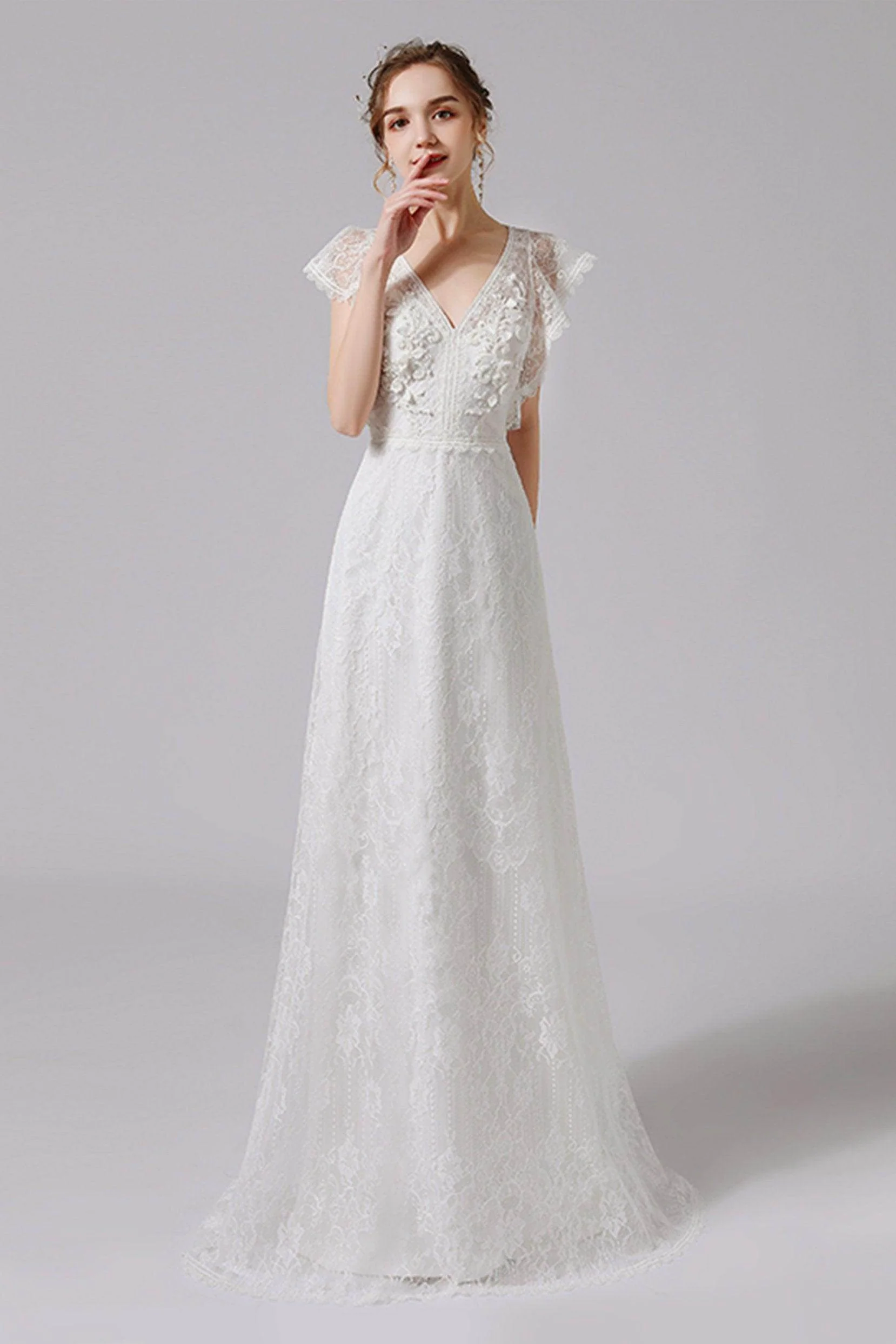 A-Line Floor Length Lace Tulle Wedding Dress CW2708