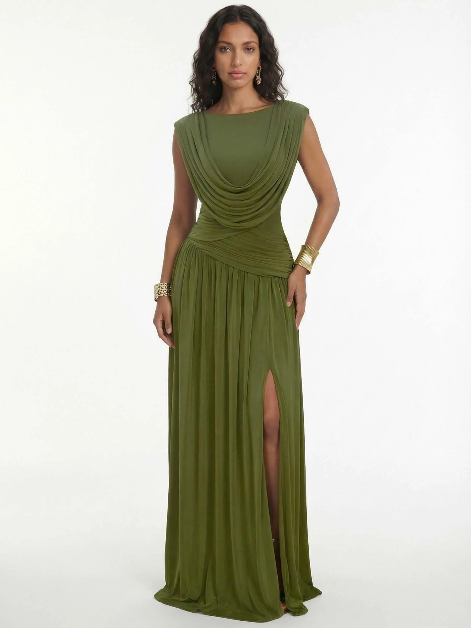 Olive Drape Goddess Maxi Dress