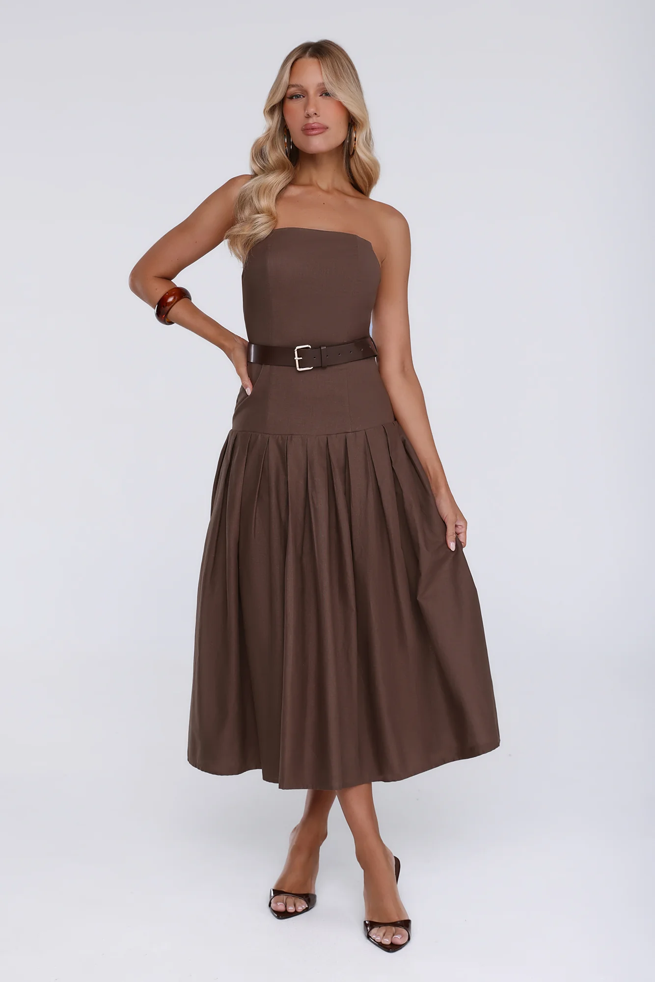 Modern Lady Strapless Midi Dress Brown