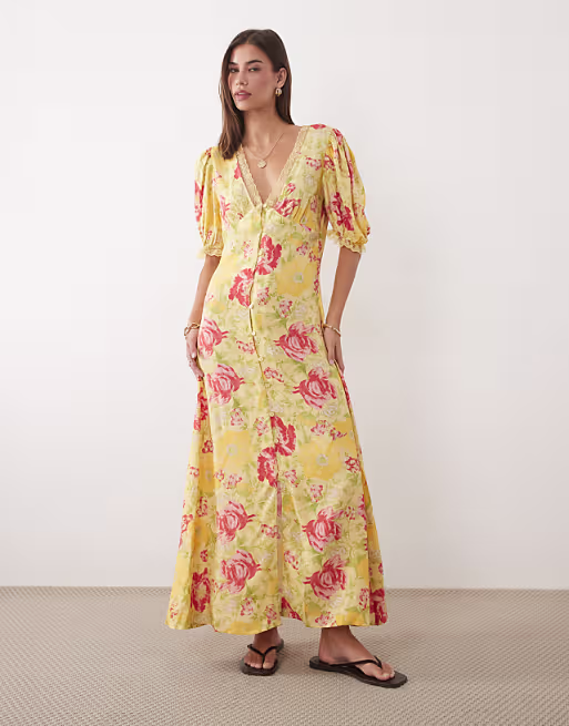 Miss Selfridge lace trim button up maxi dress in summer floral