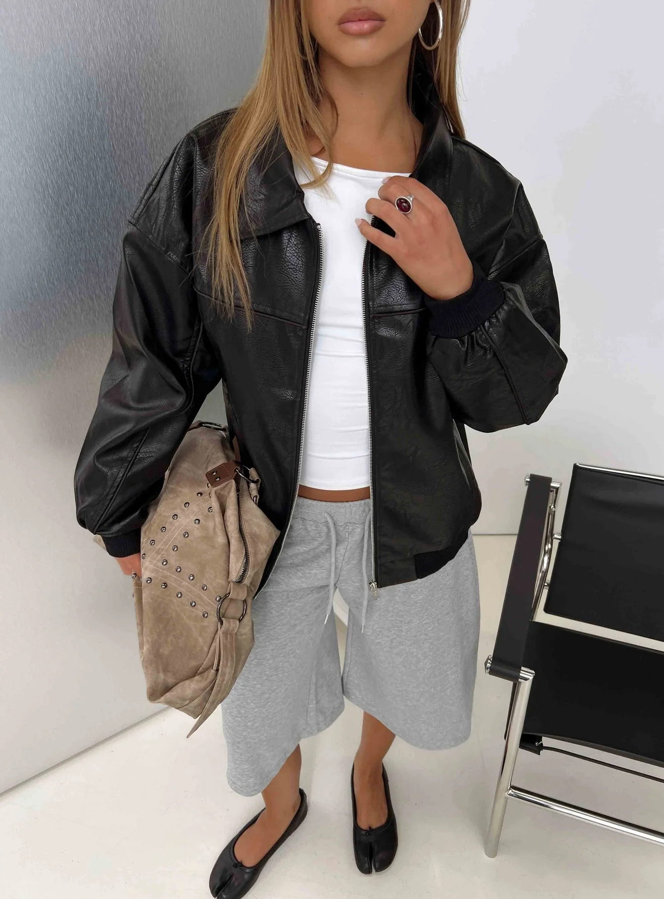 Goldsmith Faux Leather Bomber Jacket Black