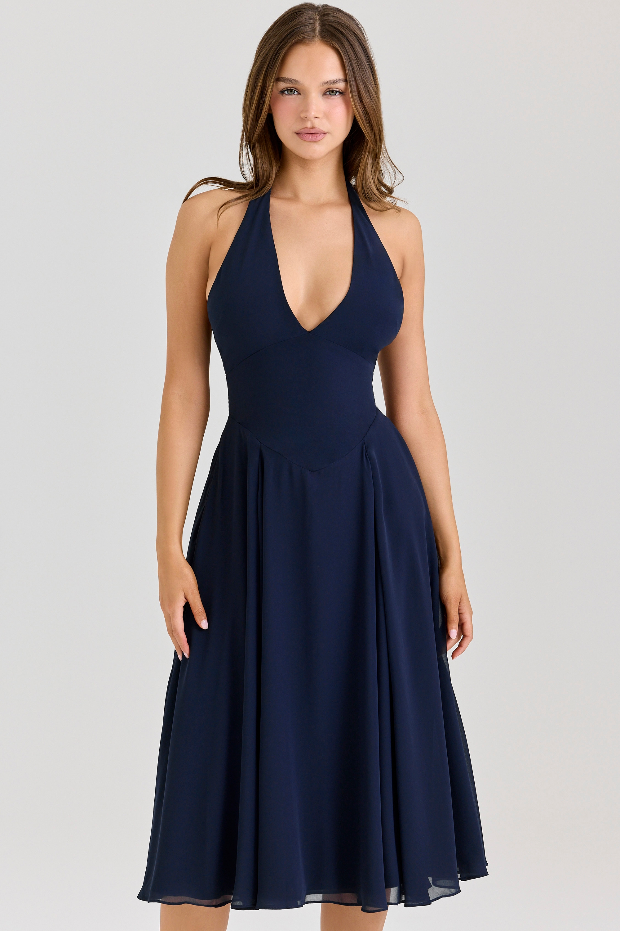 navy georgette halter midi dress