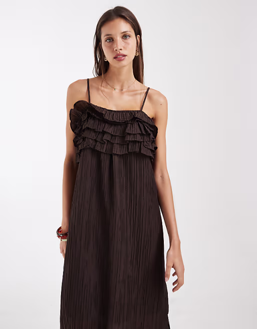 Object textured ruffle layered detail cami maxi dress in chocolate