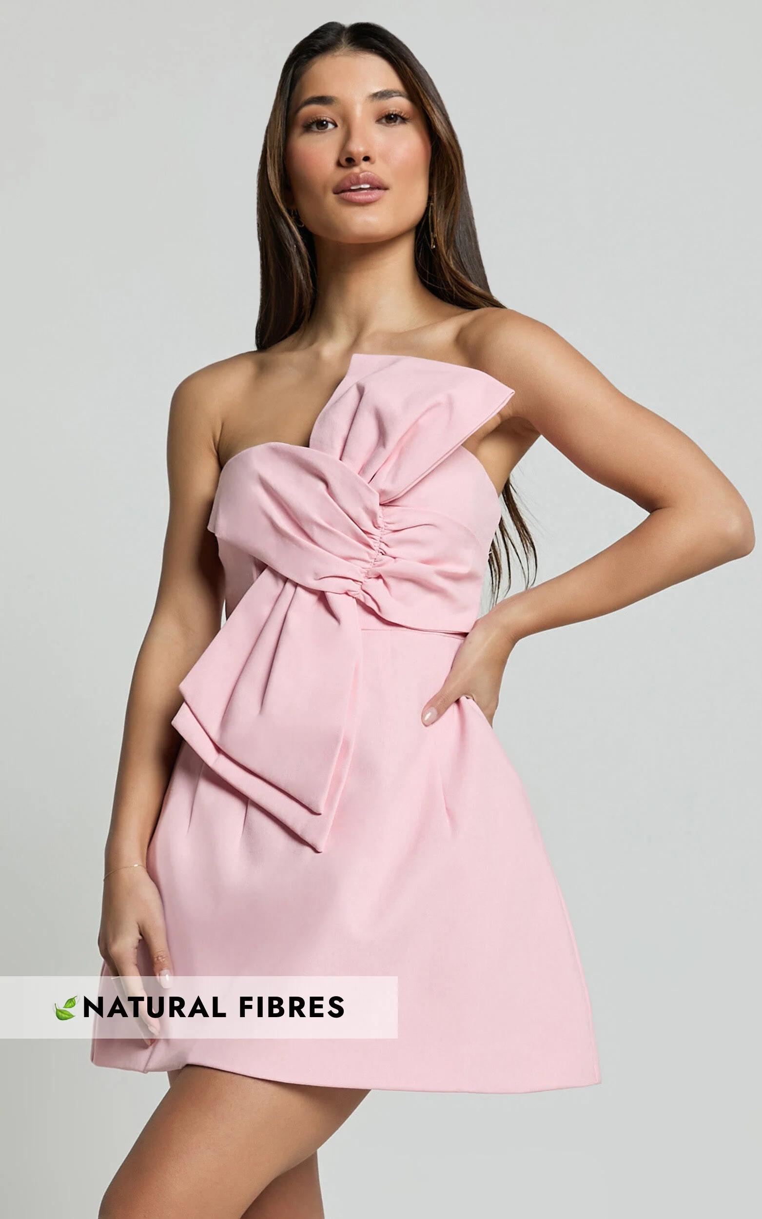 Chika Mini Dress - Linen Strapless Front Bow Dress in Soft Pink