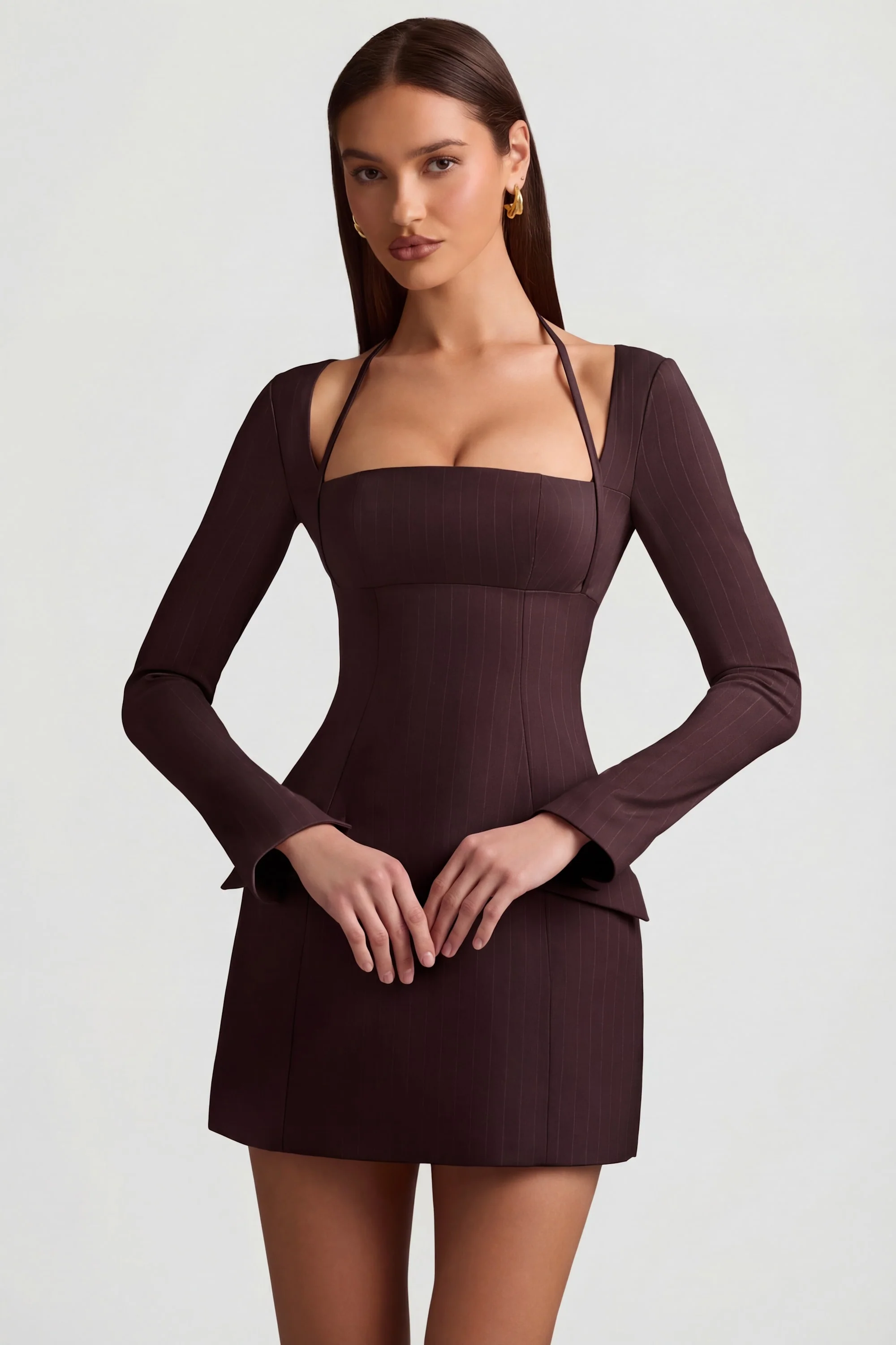 Pinstripe Structured A-Line Mini Dress in Chocolate Brown